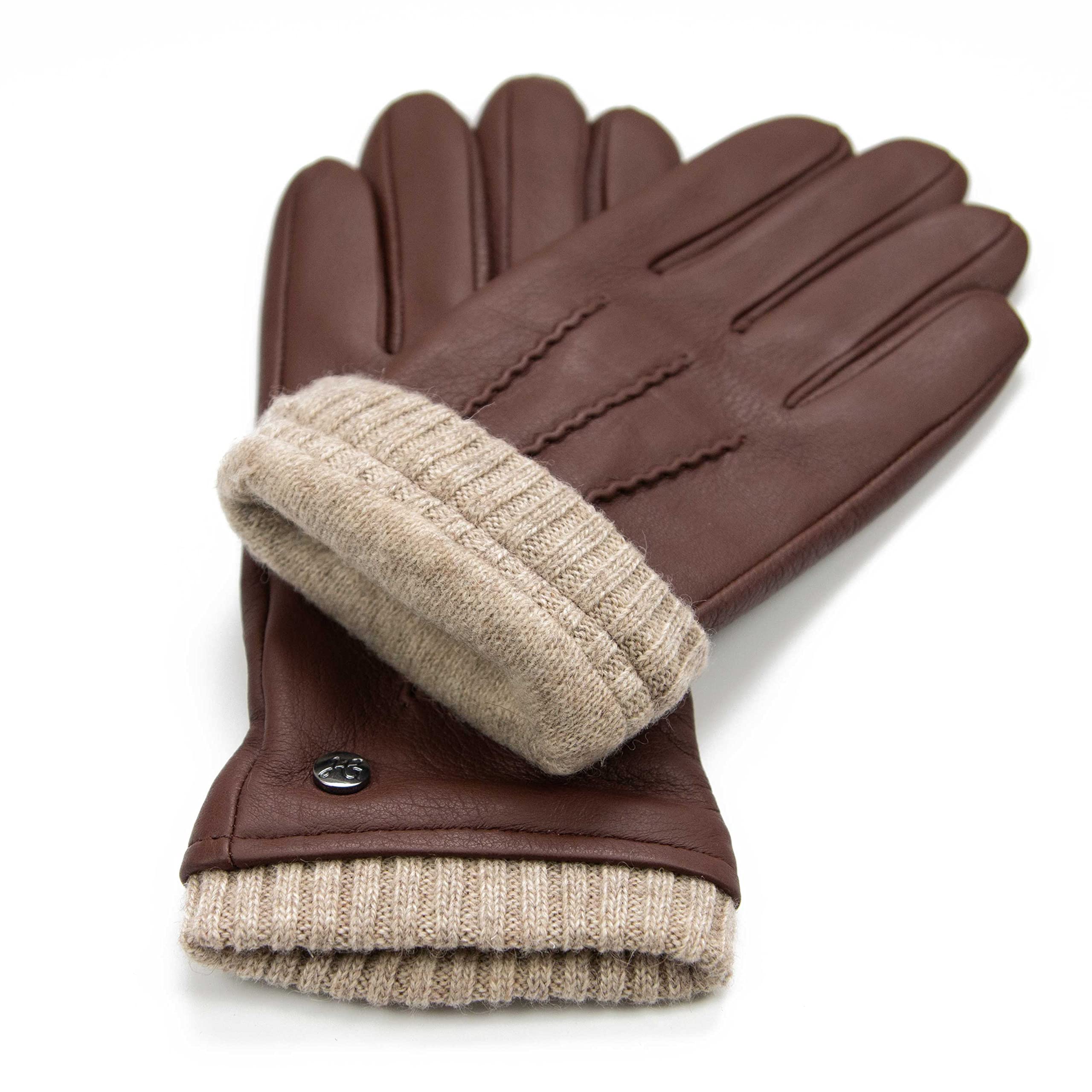 Guanti in pelle di cervo con fodera in cashmere, con scaldamuscoli a maglia, guanti da uomo in pelle di cervo, foderati caldi, colore nero, marrone