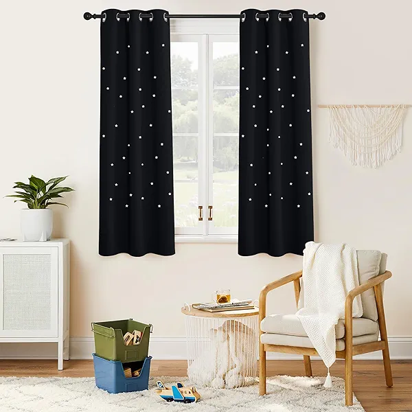 NICETOWN Star Laser Cut Blackout Grommet Top Window Curtains for Kids Bedroom or Nursery, Kids Curtains for Baby Nursery, Short Window Covering for Loft Bathroom, 1PC, 34 in x 63 in, Black