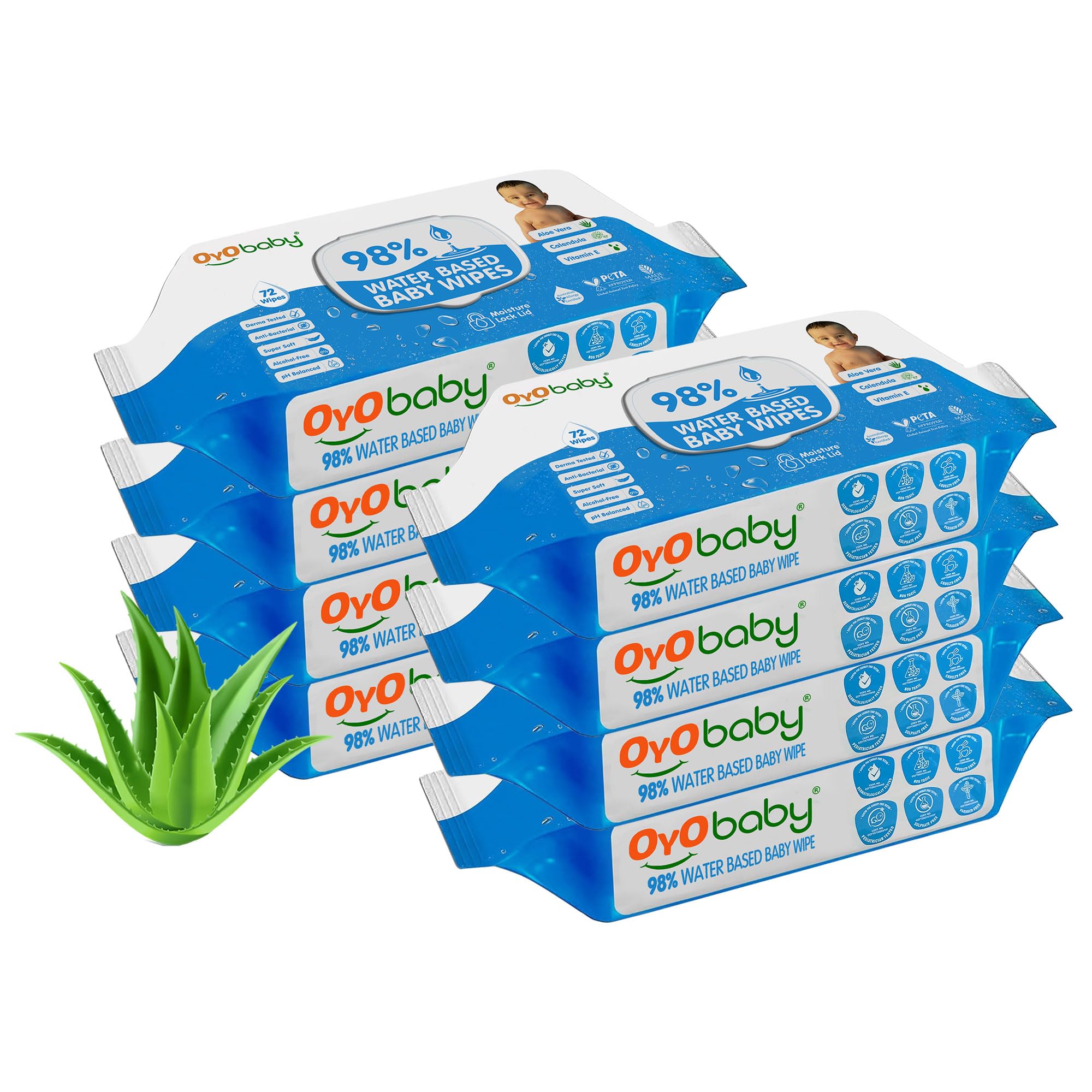 OYO BABY Wipes for new born baby with Lid | 72 Wipes x Pack of 8-576 Wipes for kid | Extra Thick & Moist Wet Vipes for Babies | Prevents Skin Redness & Rashes | Enriched with Aloe Vera, Vitamin E-image-40