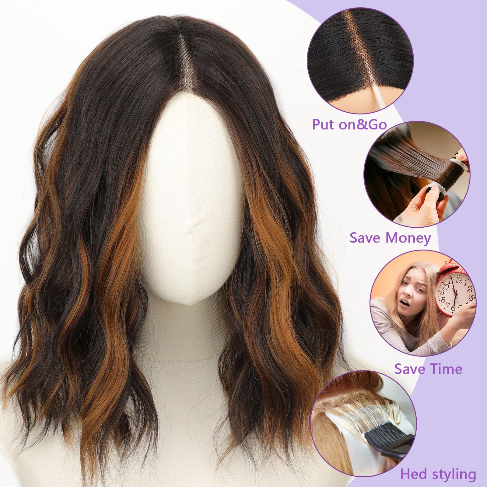Amazon.com : AISI HAIR 14 Inch Highlights Caramel Brown Wigs  display picture 1