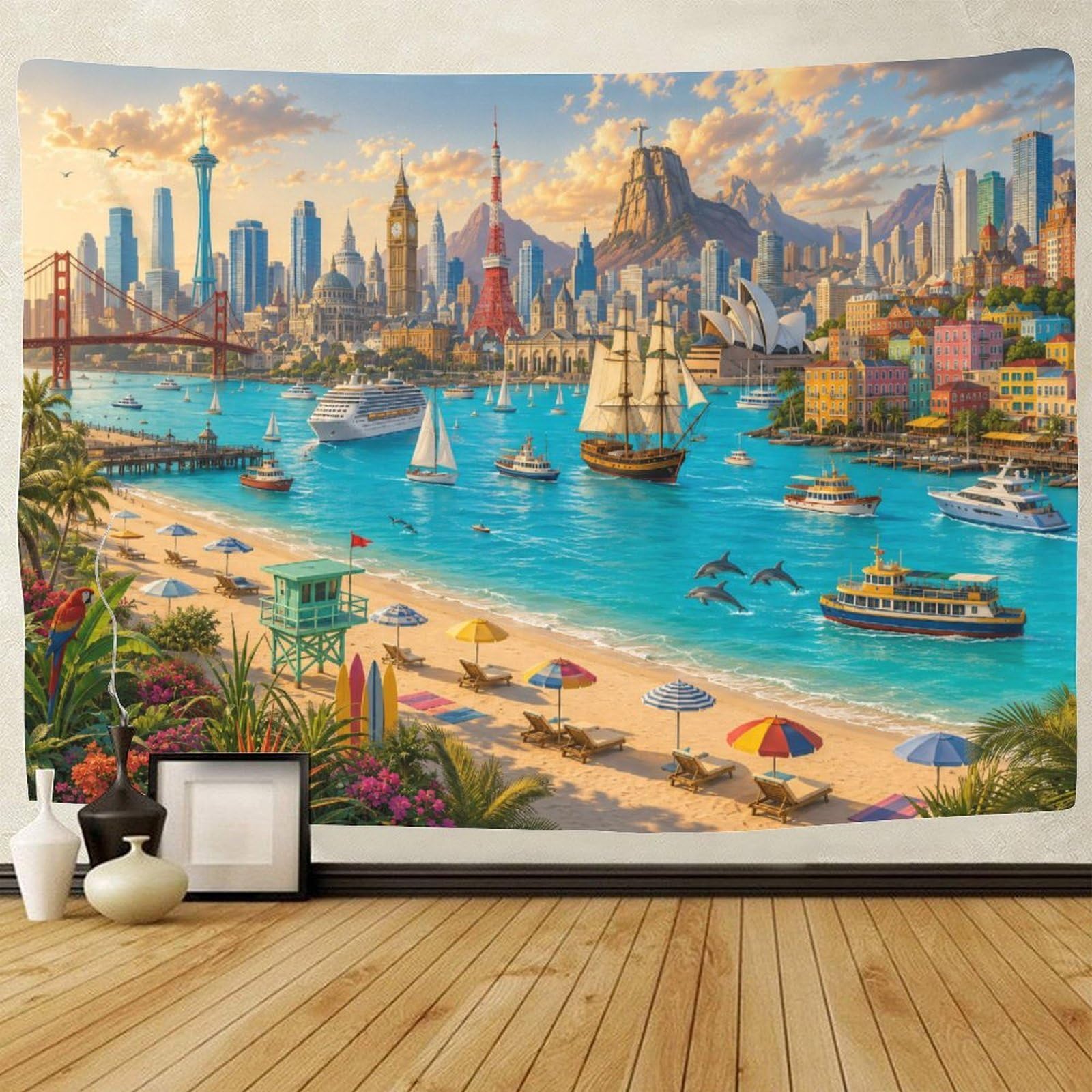 GPMNBCXZK World Famous Landmarks Collage 3D Print Wall Hanging Decor Tapestry Wall Art Decor Tapestries Poster Home Decoration Living Room Dorm 70cmx100cm