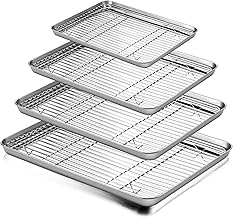 Baking Sheet and Rack Set, E-far Stainless Steel Rimmed Cookie Sheet Baking Pans Toaster Oven Tray with Cooling Rack, Non Toxic & Healthy, Rust Free & Dishwasher Safe - 8 Pieces (4 Pans + 4 Racks)