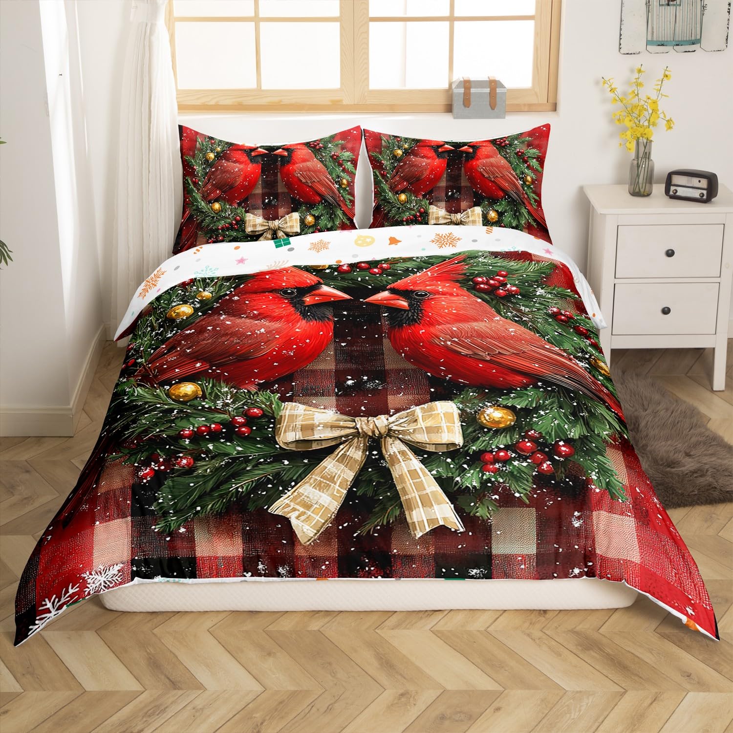 Erosebridal Christmas Cardinal Comforter Cover King Red Black Rustic Farmhouse Buffalo Plaid Bedding Set Christmas Wreath Duvet Cover for Kids Adults