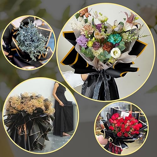 Miniatura 7 de 50 piezas de papel de regalo de flores verdes con borde dorado, papel de regalo coreano impermeable con 1 rollo de cinta y tarjetas de regalo, papel