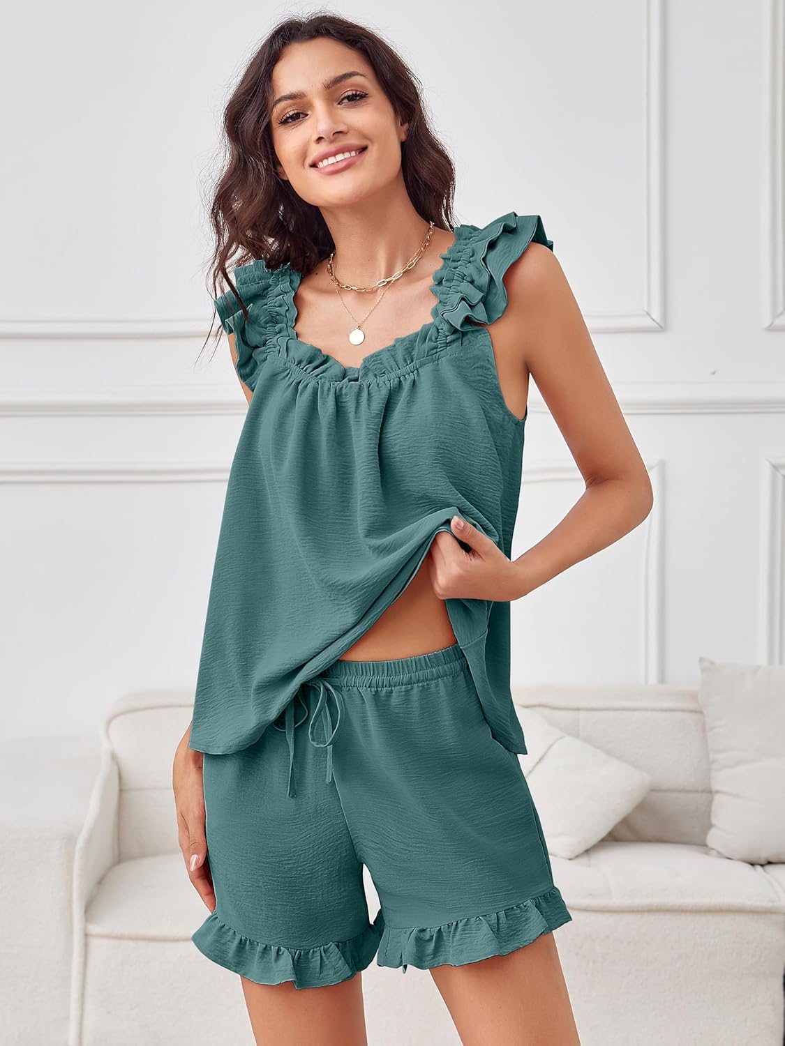 ANRABESS Womens Summer Lounge Set 2 Piece Outfits Ruffle Tank Top and Shorts Set 2026 Beach Vacation Cover Up Clothes - Image 3