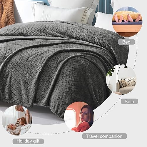 Miniatura 8 de Exclusivo Mezcla - Manta de vellón de franela tamaño King, acogedora, cálida, ligera y decorativa, suave tejido jacquard con diseño de hojas, de