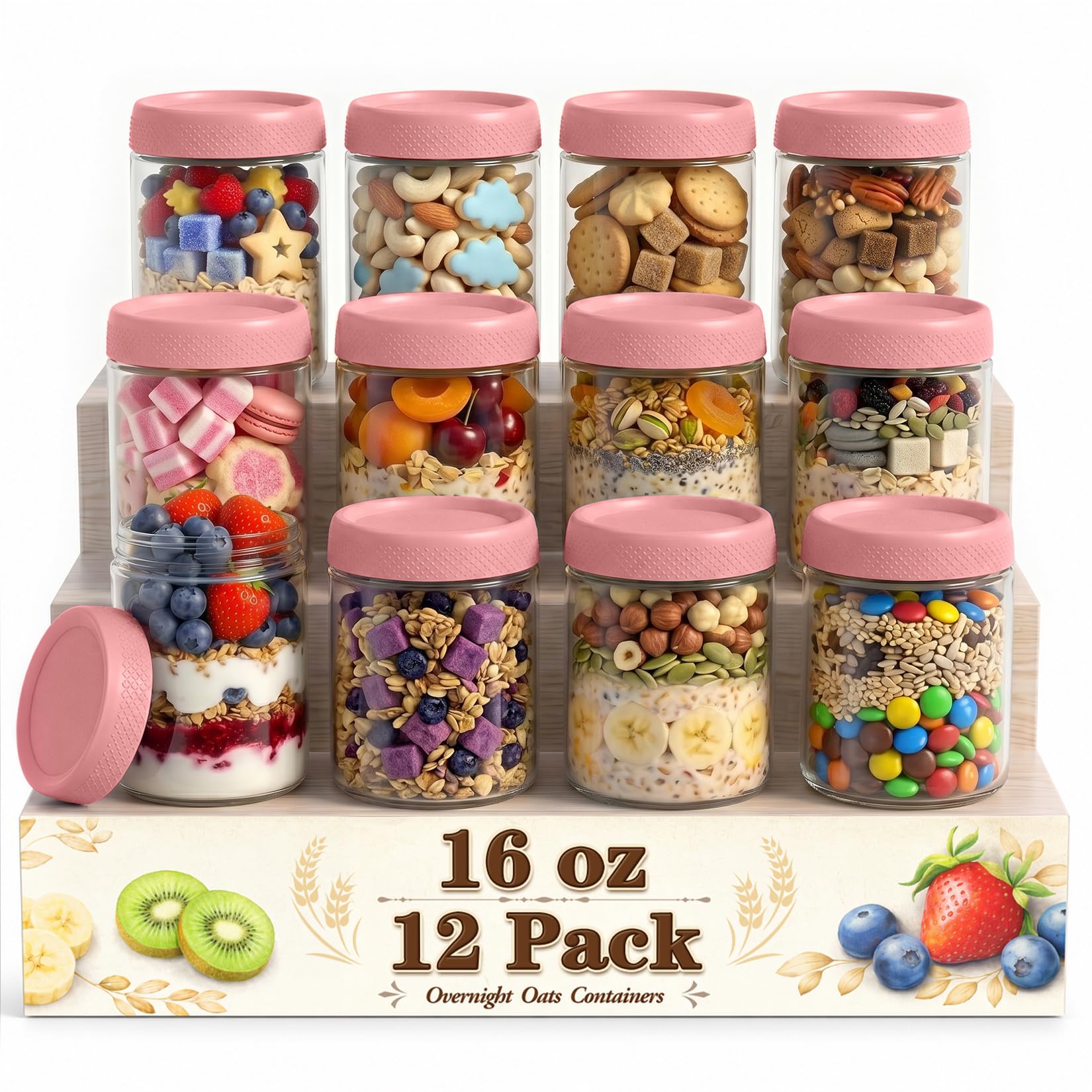 16oz Overnight Oats Containers with Lids, Pink Yogurt Containers with Lids