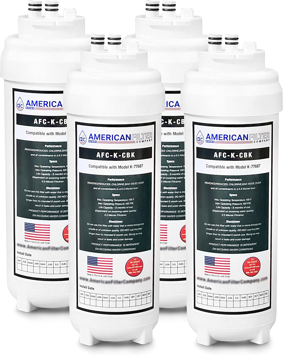 American Filter Company® Model # AFC-K-CBK Aquifer Water Filters, Compatible with Kohler K-77687, K77686, K29638, K-77685-NA, K29651 4Pk - AFC-K-CBK-4P