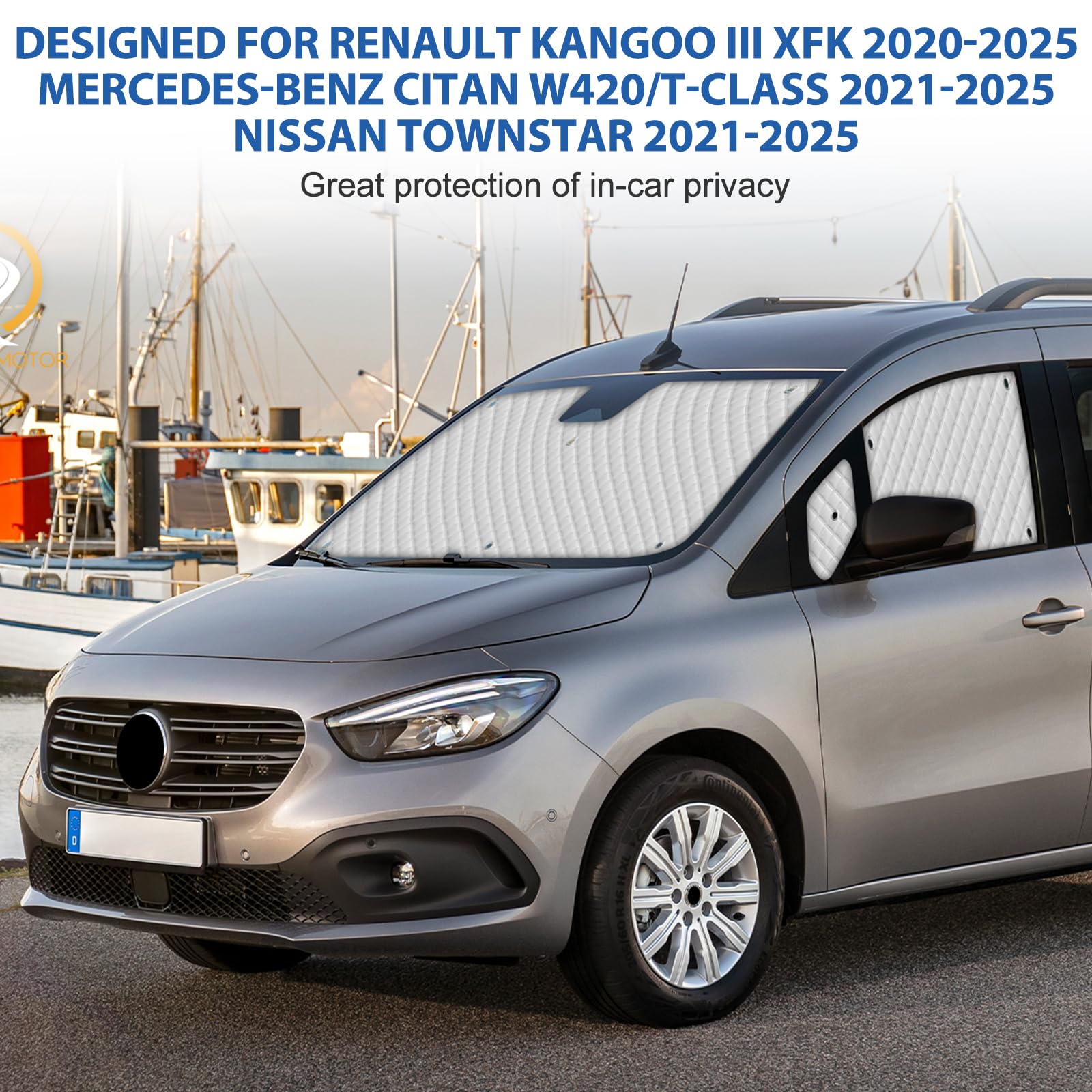 Parasole per Parabrezza Auto compatibile con 2020-2025 Renault Kangoo 3 XFK, 5 Pezzi Pieghevole Parasole per Interni Auto, Set di Tappetini Termici Interni con Borsa Portaoggetti | Set di 5 protezioni oscuranti per parabrezza, tenda termica interna, con c