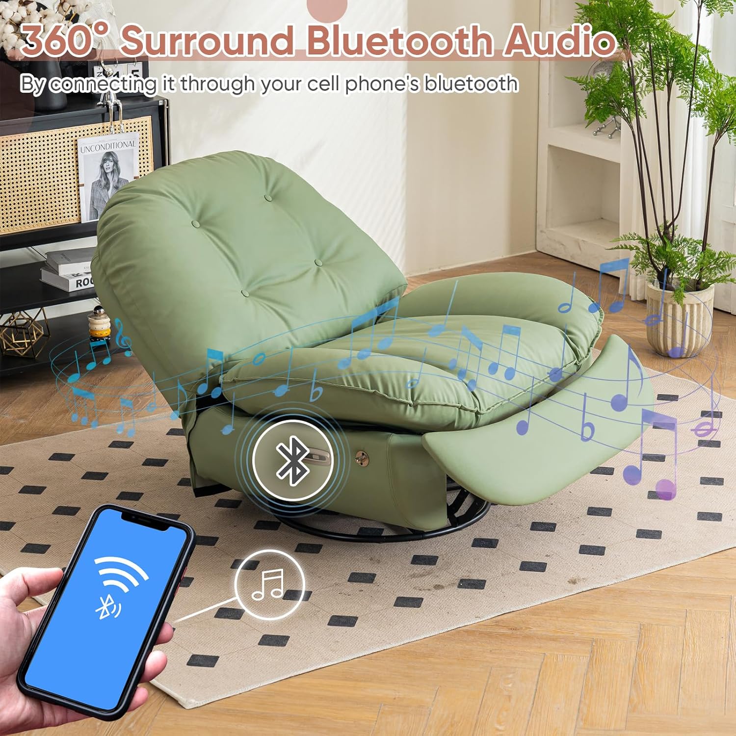 Oversized Electric Recliner Chair, 360 Swivel Rocking Glider Rocker for Adults Modern Ergonomic Lounge for Living Room Phone Stand& Smart Control Theater Seating (Black, Silicone Leather)