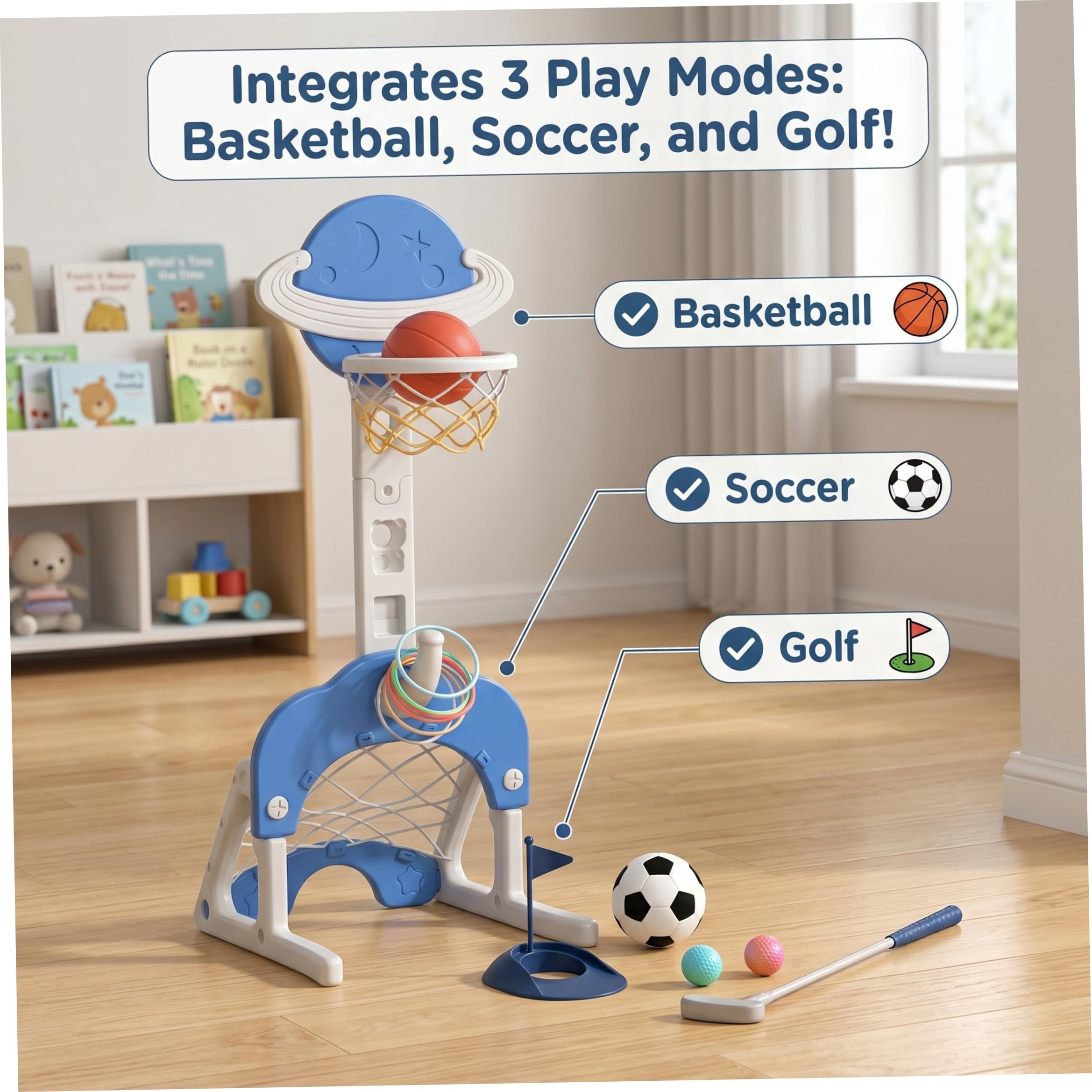 Canestro da Basket per Bambini, Giocattolo di Lancio dell'anello da Calcio Regolabile 3 in 1