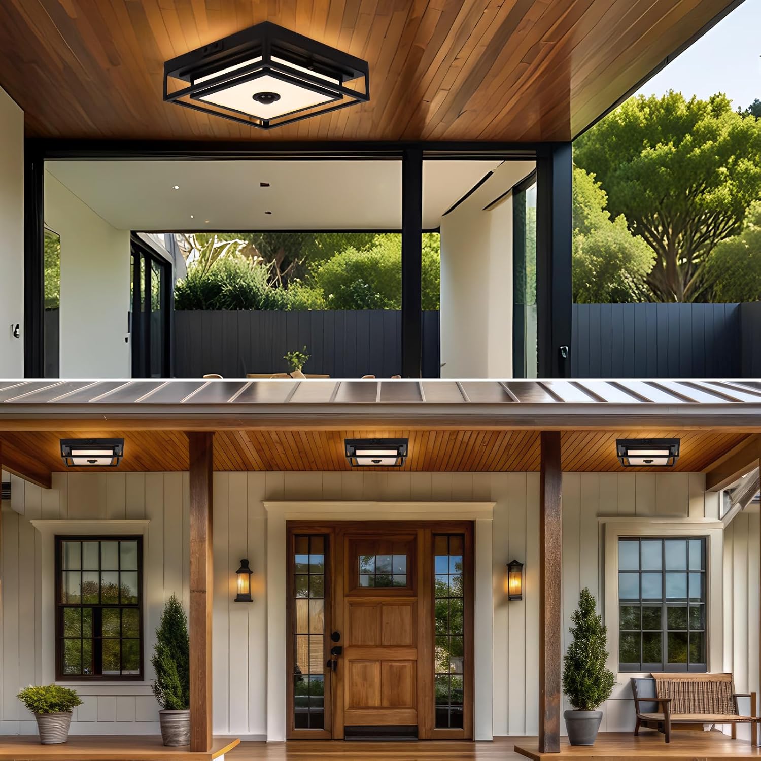 LED Motion Sensor Outdoor Ceiling Light, Modern Black Flush Mount Ceiling Light, 10.5" Square Dusk to Dawn Exterior Light, Waterproof Light Fixture Ceiling Mount for Porch, Garage, Entryway ,Farmhouse