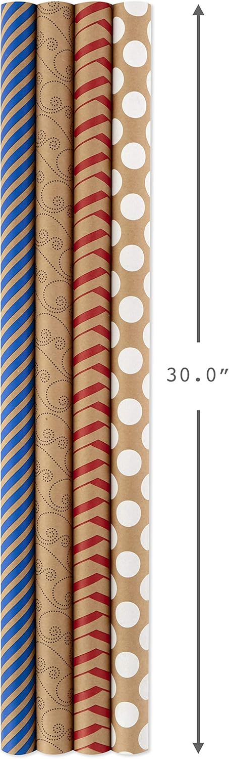 Hallmark Wrapping Paper Bundle - Kraft Brown with Red, Blue, White, Black Designs (Pack of 4, 88 sq. ft. ttl.) for Christmas, Birthdays, Father's Day, Kids Crafts, Care Packages, Handmade Banners : Everything Else