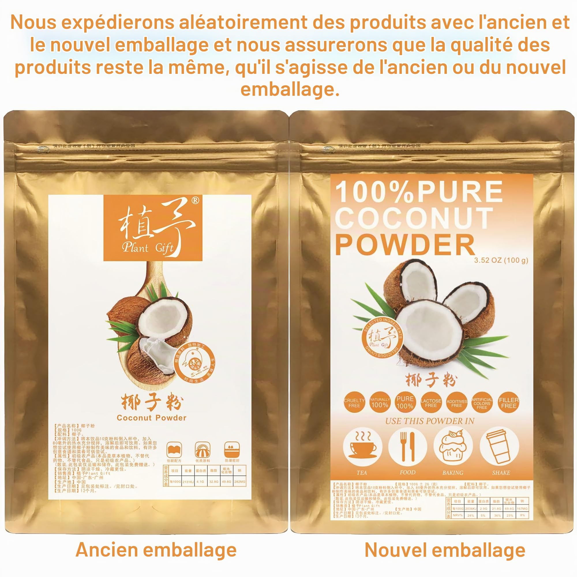 Plant Gift 100% Pur Poudre de Noix de Coco 椰子粉, Pour Boissons 100g/3.25oz | Naturel. Sans additifs. Mouture fine, arôme de noix de coco. Pour smoothies et pâtisserie. Also: Coconut Powder.