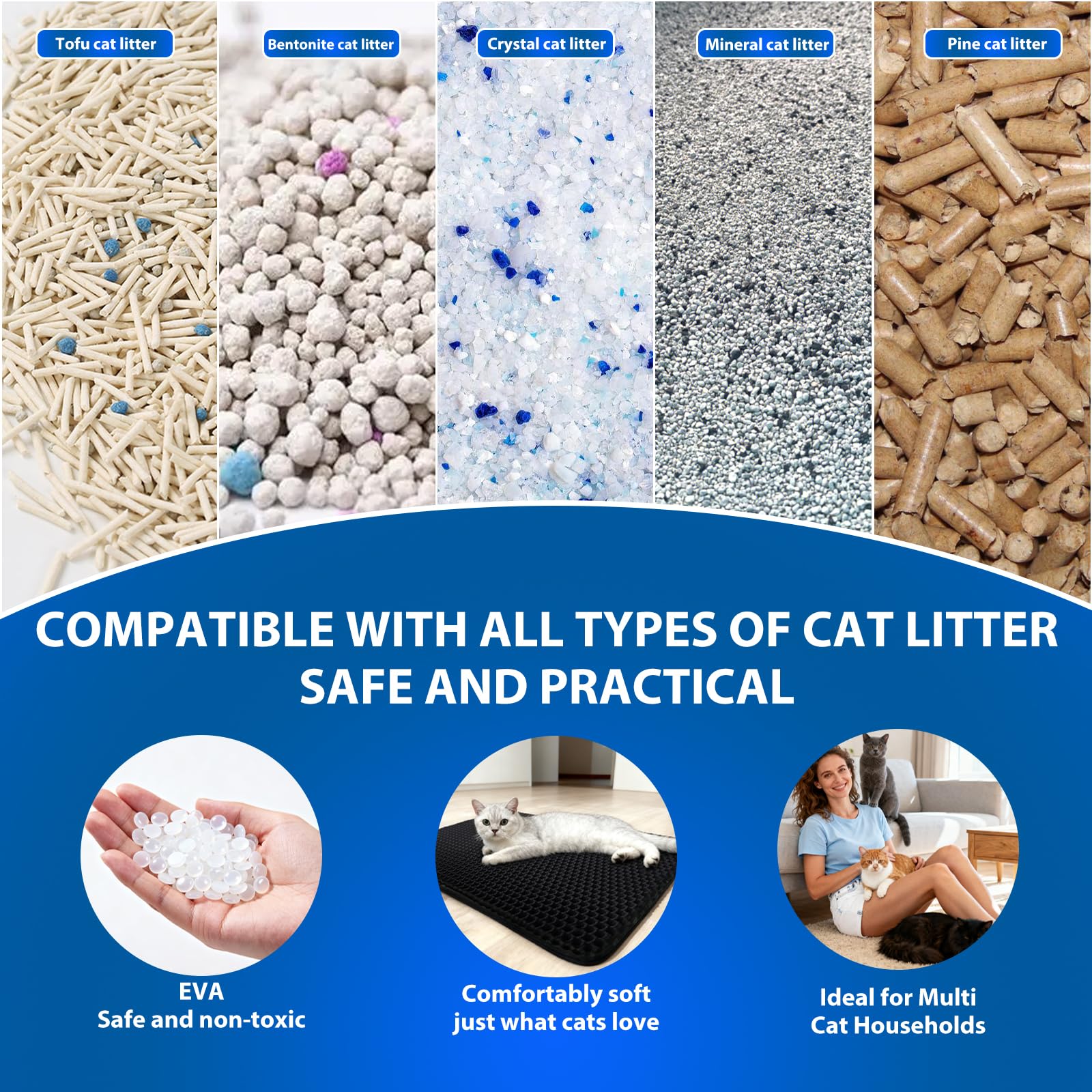 Extra große graue Katzenstreu-Matte (119,4 x 71,1 cm), EVA, doppellagig, wasserdicht und rutschfest, Waben-Design, Anti-Verfolgung, wiederverwendbar und leicht zu reinigen
