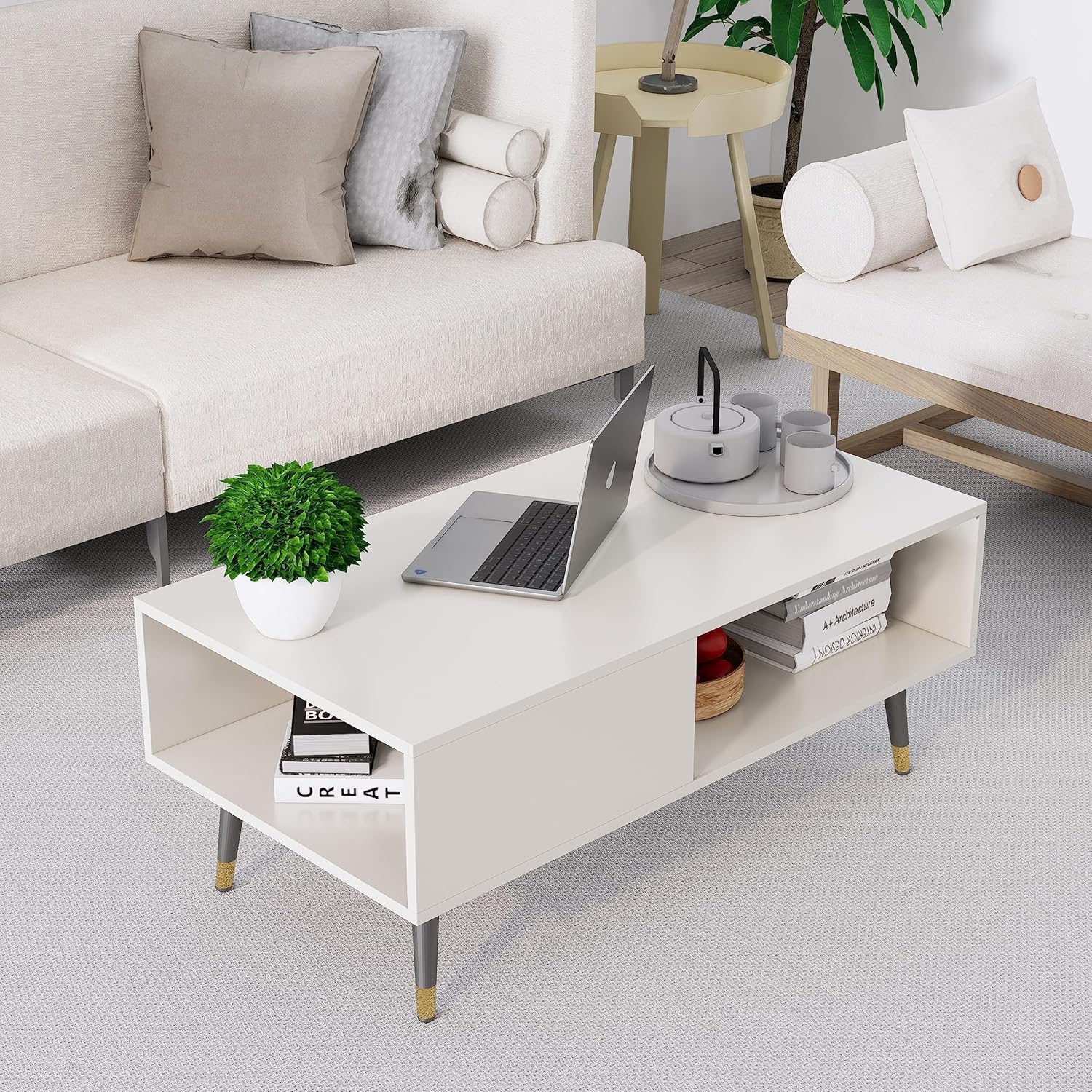 Bniture Wooden Center Bedroom Table, Engineered Wood, Coffee Table for Living Room | Ideal for Home, Lounge Decor with Golden Metal Legs (Frosty White) (B0DGCFWSRH) Amazon Price History, Amazon Price Tracker