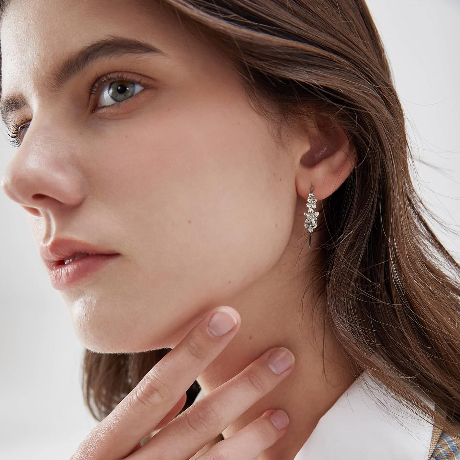 Flower Cluster Threader Earrings Handmade Solid Sterling Silver Pull Through Hoop Earrings for Women - Image 4