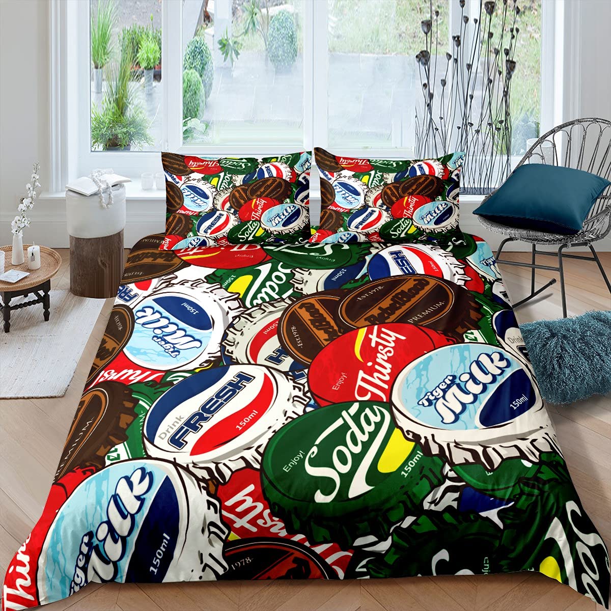 Feelingyou Men's Black Retro Creative Beer Cap Print Duvet Cover Set Double For Teen Boys Man Bedroom Decorative, Modern Watercolor Fashion Comforter Cover, Soft Breathable Bedding Quilt Cover With 2 Pillowcases
