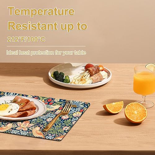 Miniatura 2 de William Morris Strawberry Thief - Juego de 4 manteles individuales de piel sintética resistentes al calor para mesa de comedor, antideslizantes,