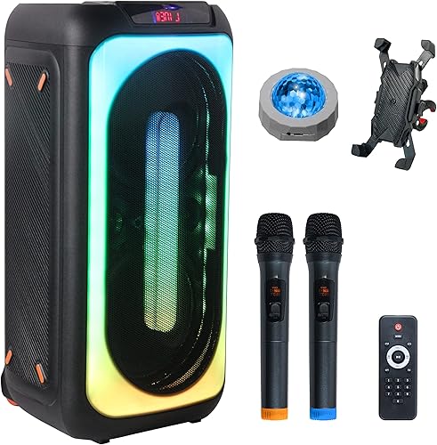 ELIRIRA Máquina de karaoke, subwoofer dual de 8 pulgadas, sistema PA portátil para fiesta BT para exteriores, micrófonos inalámbricos, control