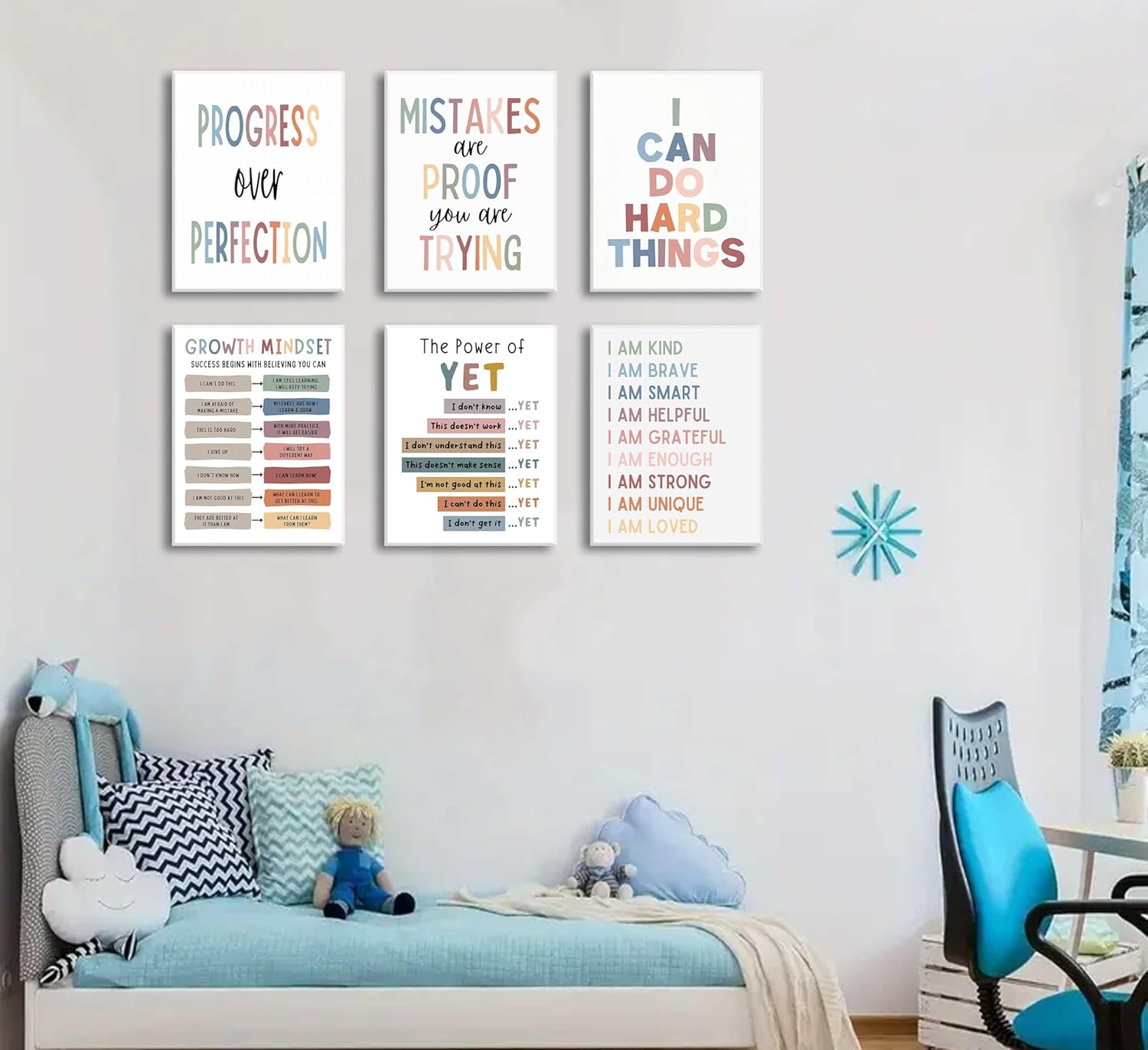 6Pcs Educational Growth Mindset Canvas Wall Art Kids Mental Health Therapy Paintings Positive Affirmations Wall Decor Boho Motivational Quotes Posters Prints for Nursery Classroom Pictures Framed