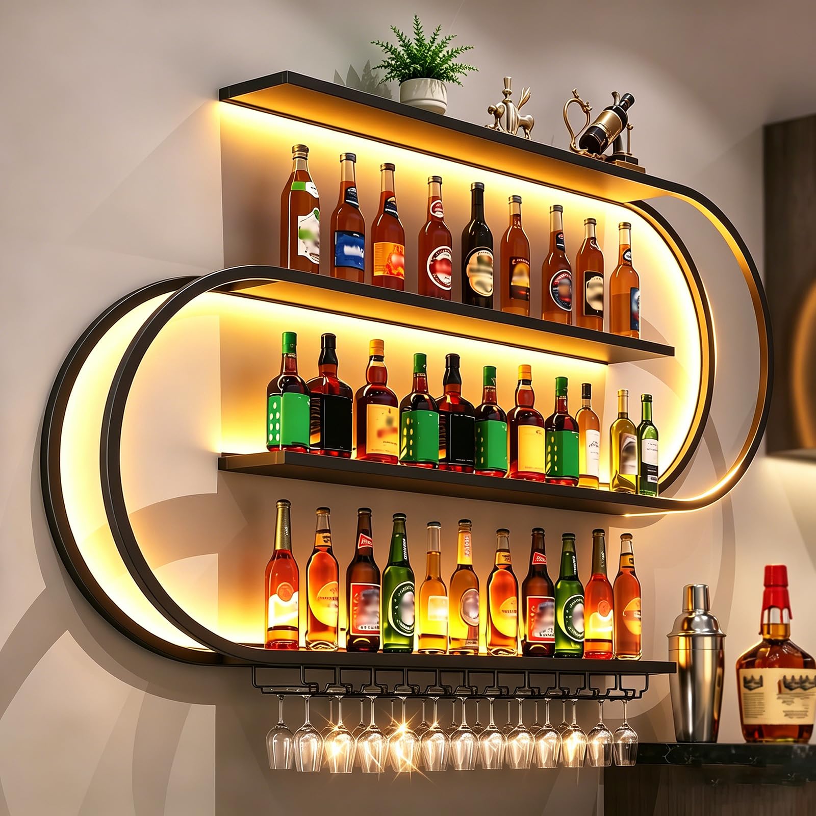 Botellero de Pared, Estante Flotante de 4 Niveles para Bar, Estante Industrial de Metal para exhibir Botellas, Ideal para decoración de hogar, Bar o Comedor, Color Negro (180cm)