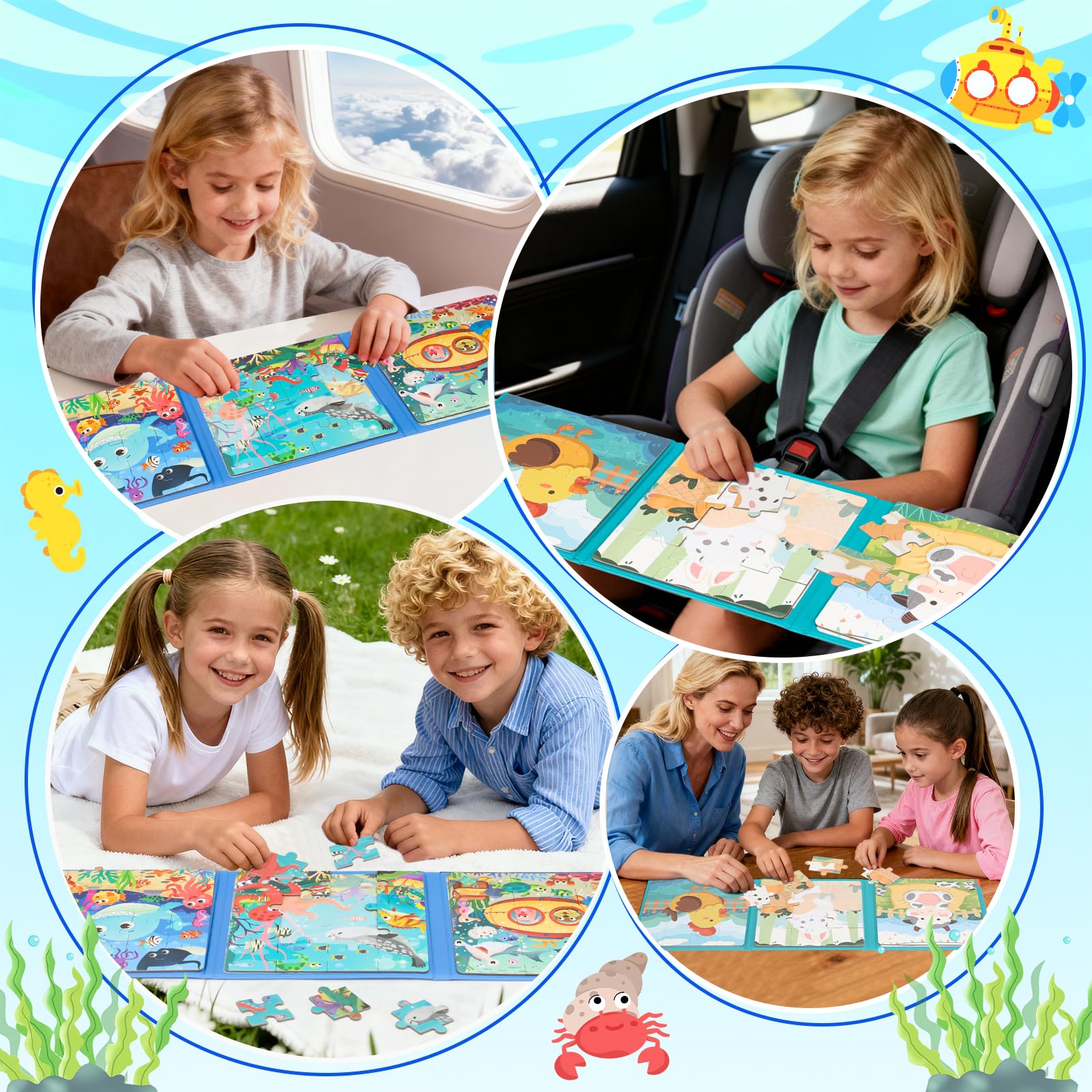Puzzle magnetici per bambini 3 Anni, 2 Set Puzzle Magnetico Giochi a Tema Fattoria e Oceano, Giochi da Viaggio Gioco Educativi, Giocattolo in Aereo Auto Treno, Regali Di Compleanno