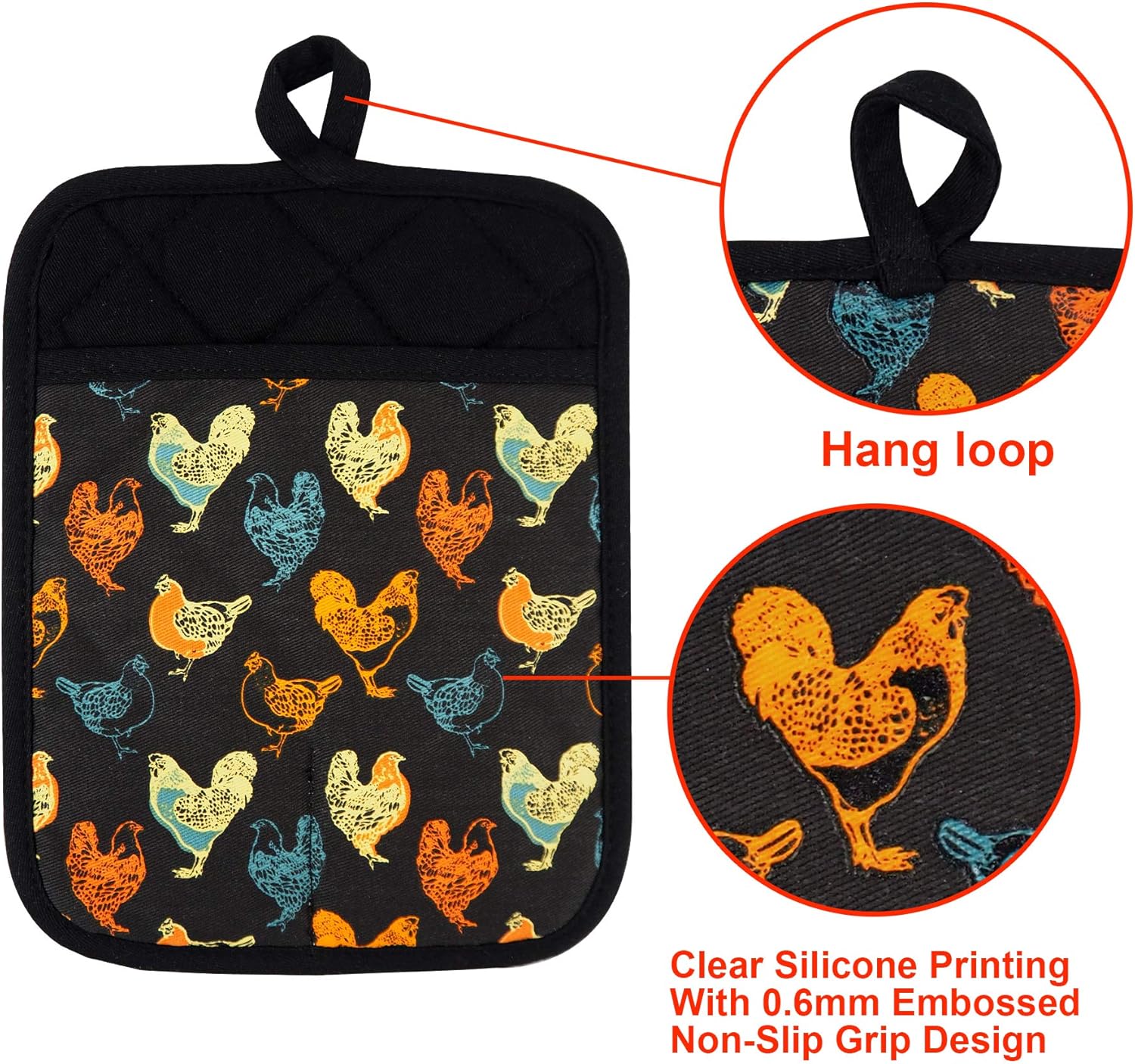 Pot Holders Set of 2 Heat Resistant 480 ℉Non Slip Clear Silicone Printed Comfortable Cotton Lining Kitchen Women Men Cooking Baking Microwave Machine Washable (Rooster, Black Potholders) - Image 3