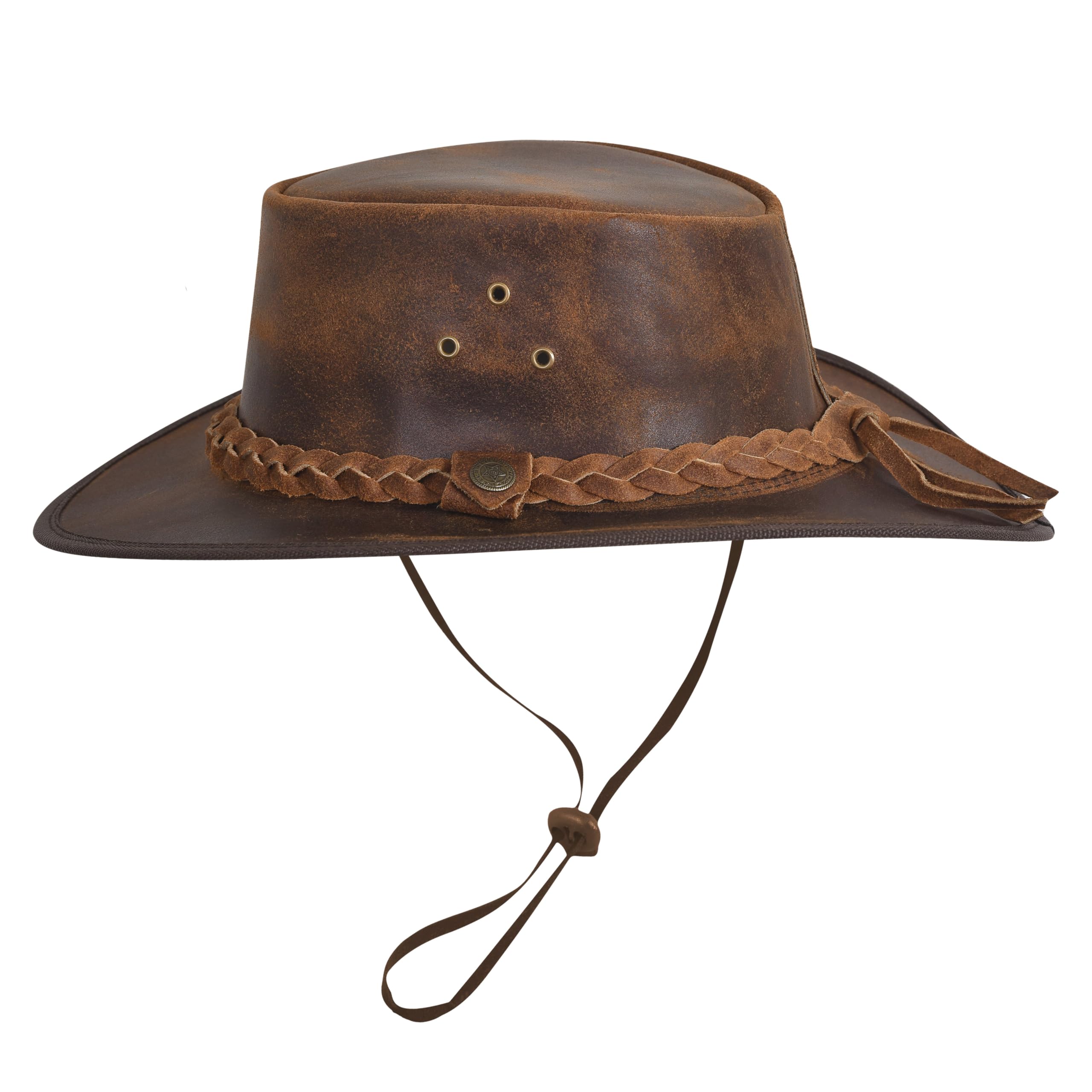 Sombrero de vaquero de cuero, estilo australiano Outback, sombreros occidentales para hombre, sombrero de ranchero de cuero con banda trenzada
