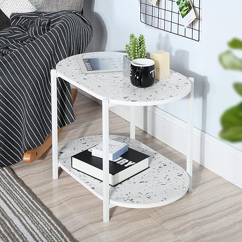 Mesa auxiliar ovalada de 24 pulgadas 2 niveles mesa pequeña de mármol moderno mesa de café para sala de estar interior y balcón