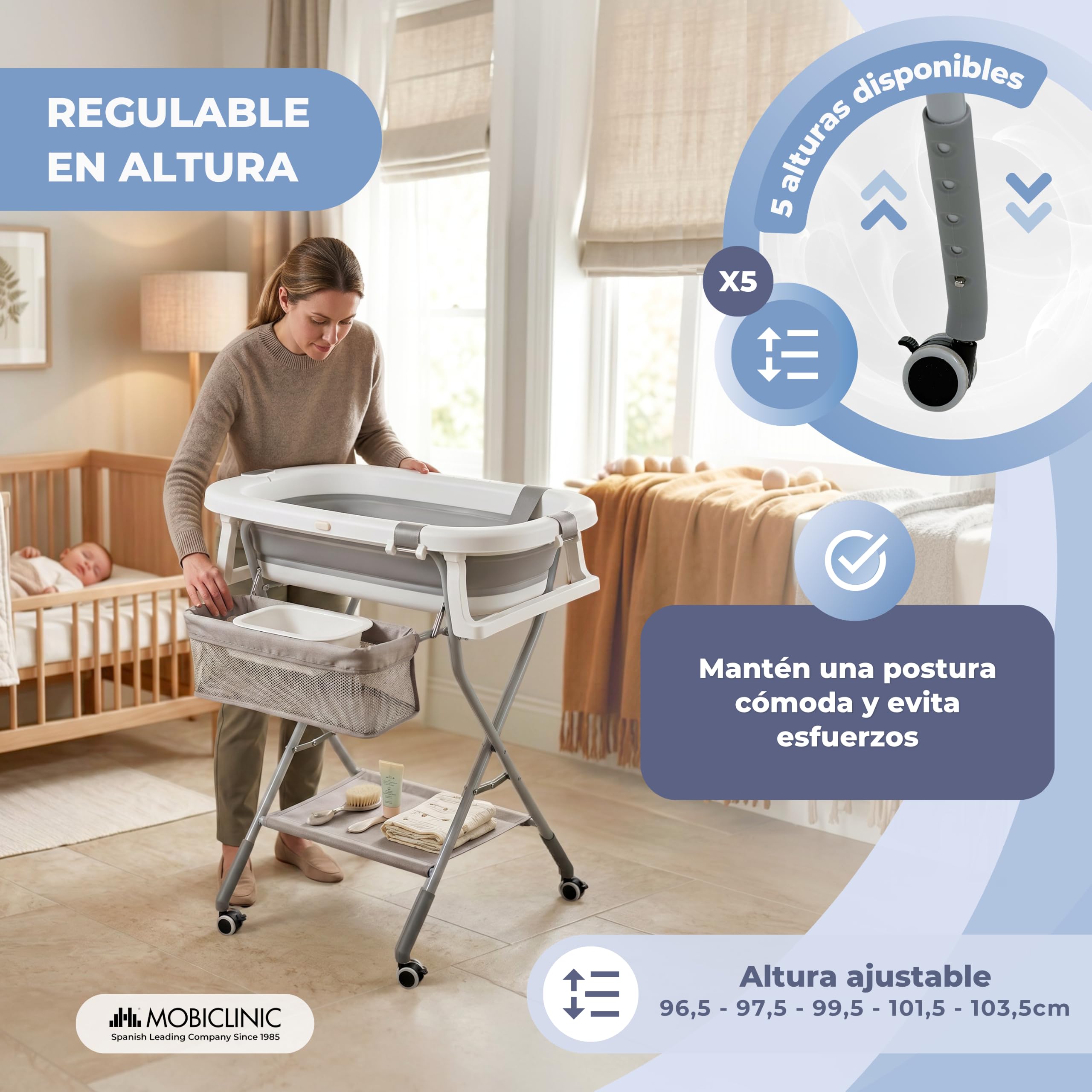 Mobiclinic®, Bañera Plegable Bebé, con Patas y Soporte, Regulable en Altura, Ruedas 360º con Freno, Cojín Ergonómico, Tubo Desagüe, Cesta y Bandeja, Compacta, Bubba Max
