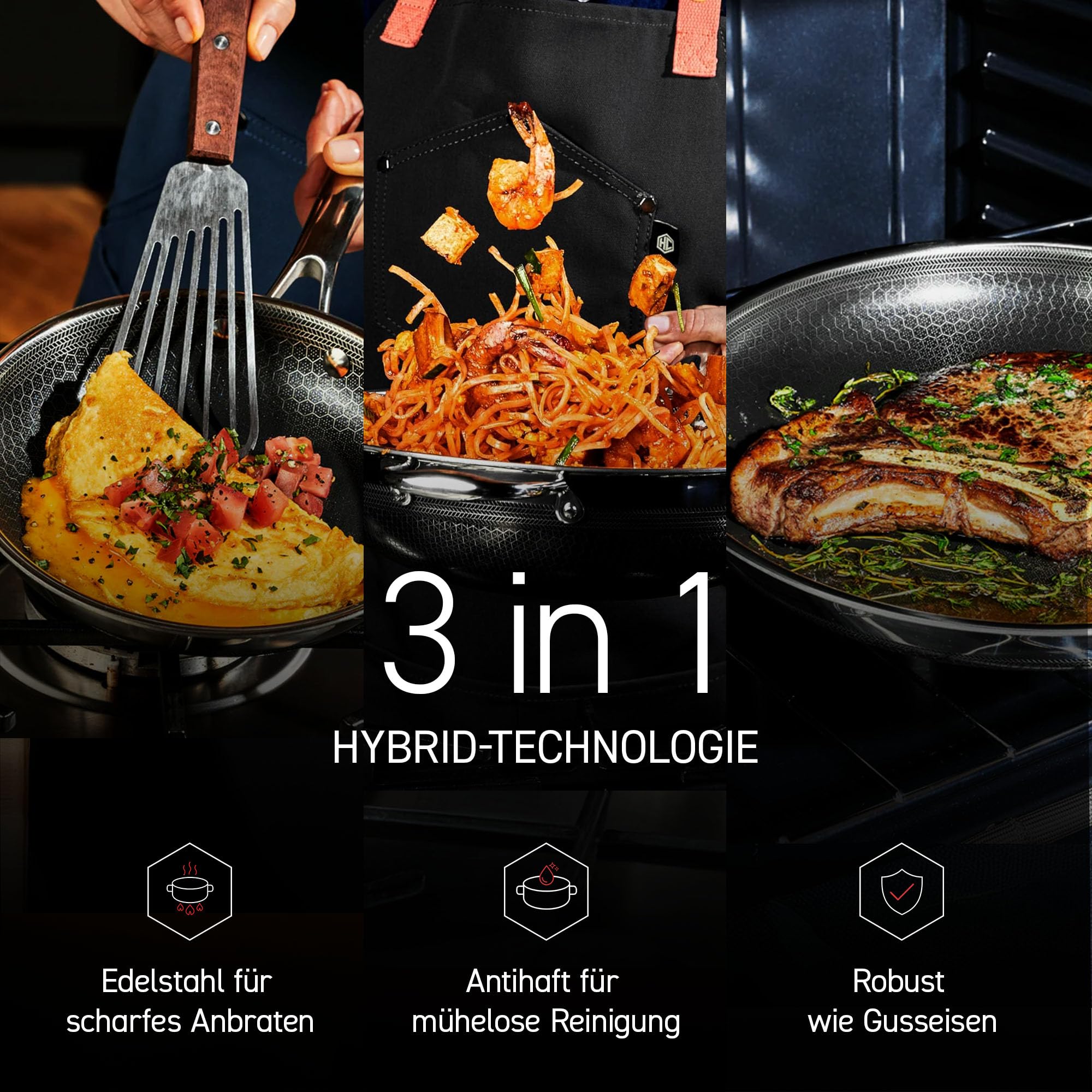 HexClad Hybrid Pfannenset 7-teilig mit Deckeln & Wok – Edelstahlpfannen mit Wabenstruktur – Antihaftbeschichtete Bratpfannen für alle Herdarten, auch Induktion – Backofen- und spülmaschinenfest