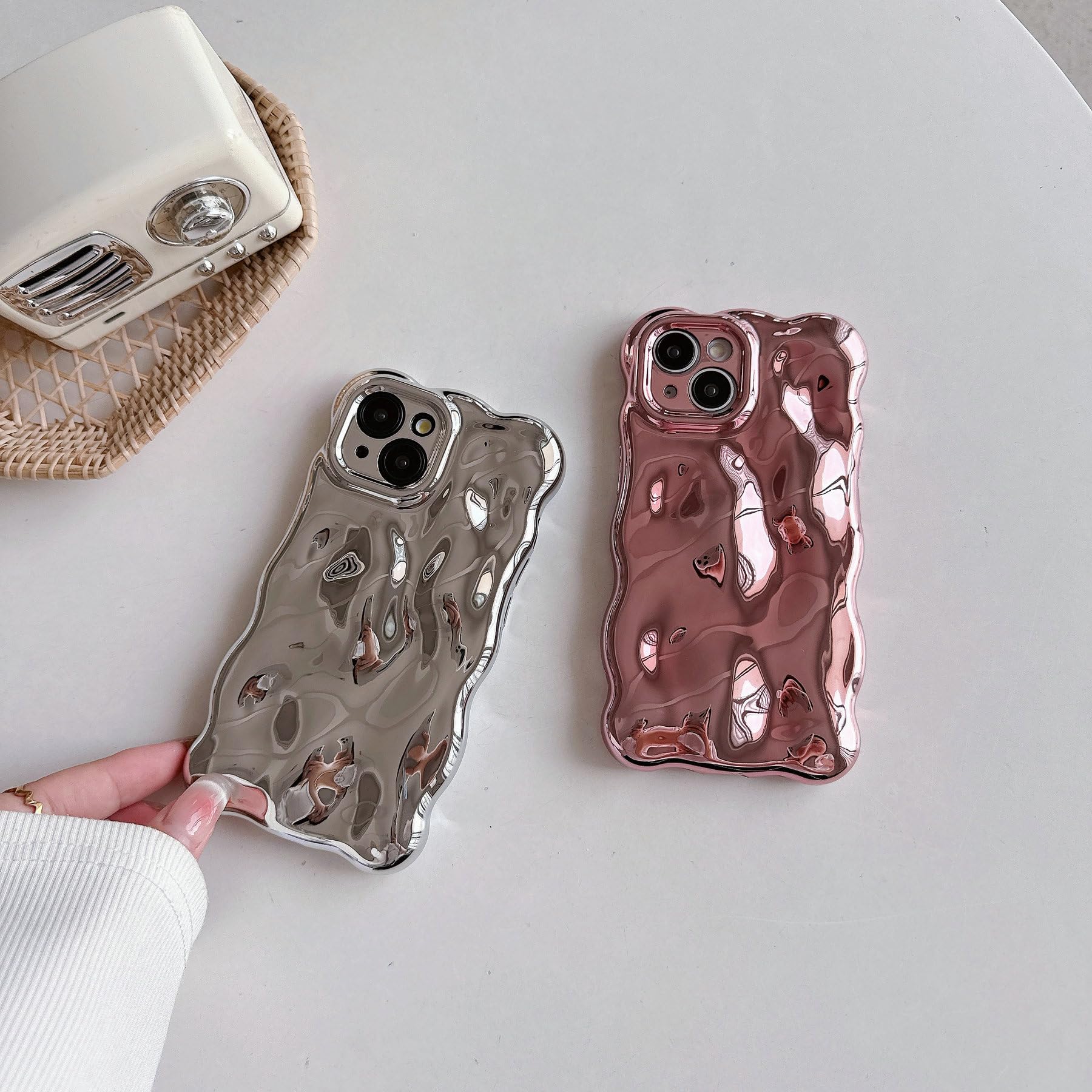 JANDM Case for iPhone 15 Plus,3D Wave Bubble Shape Ripple Chrome Pattern Soft Non-Yellowing Bumper Case Glitter Shiny Camera Shockproof Women Girls Cover Case for iPhone 15 Plus -Silver