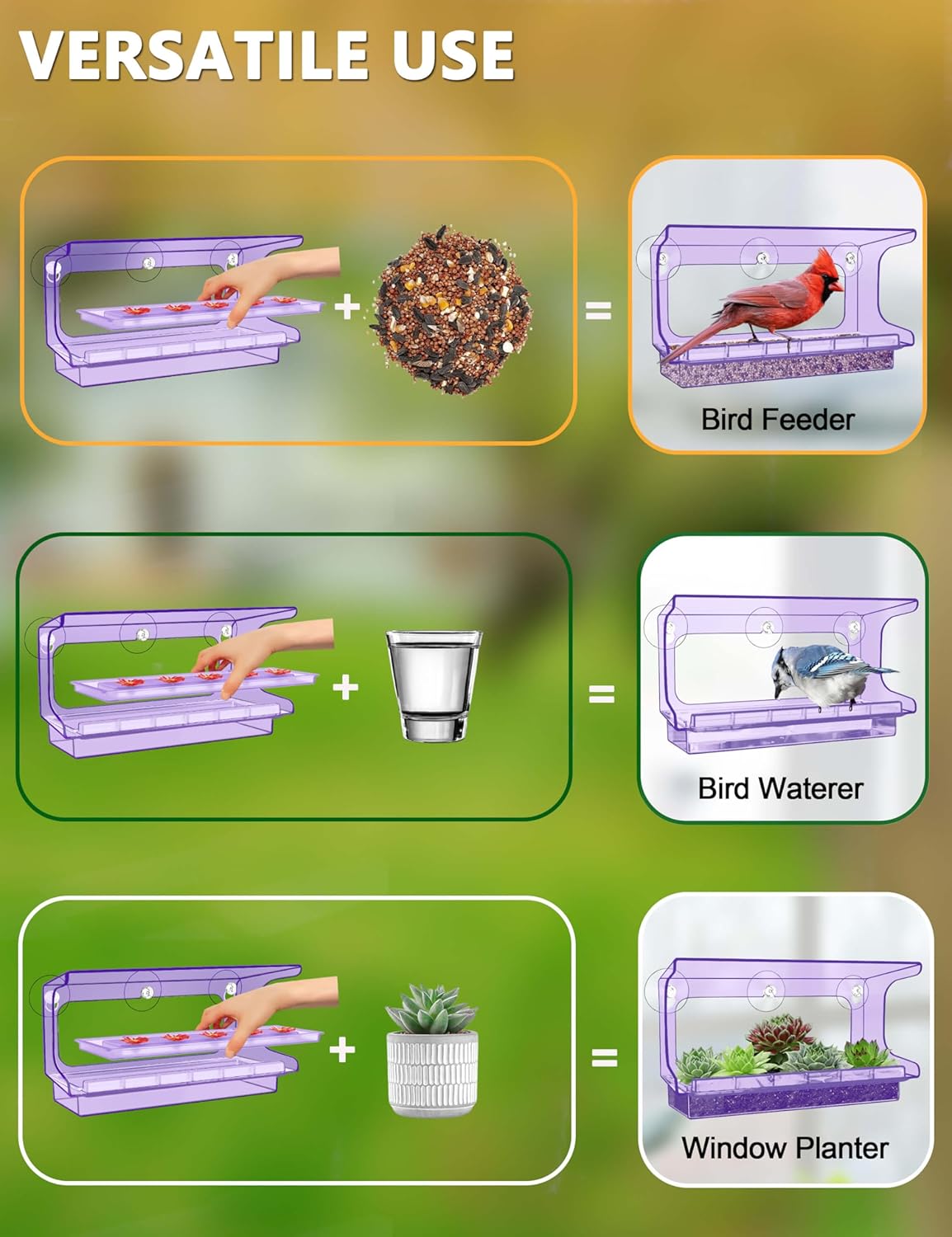 LUJII All One Piece Window Hummingbird Feeder with 5 Strongest Suction Cups, 20 fl.oz Hummer Feeder for Outside, Removable Lift-up Nectar Tray with 5 Feeding Ports, Gift for Bird Watcher (Purple)