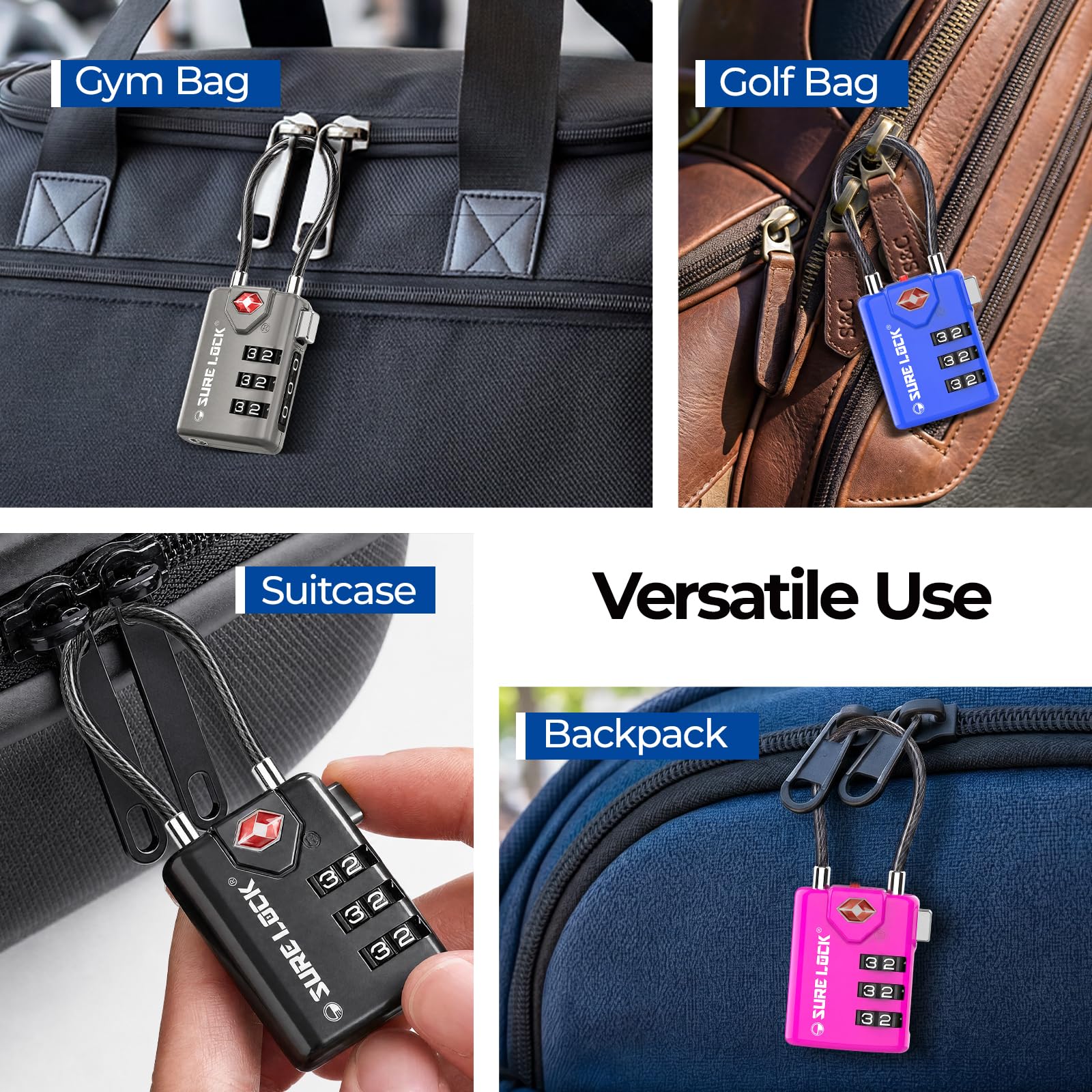 SURE LOCK, Lucchetto per valigie Donna Uomo Unisex, adulto (solo valigia), Nero (Black 8 Pack), Large