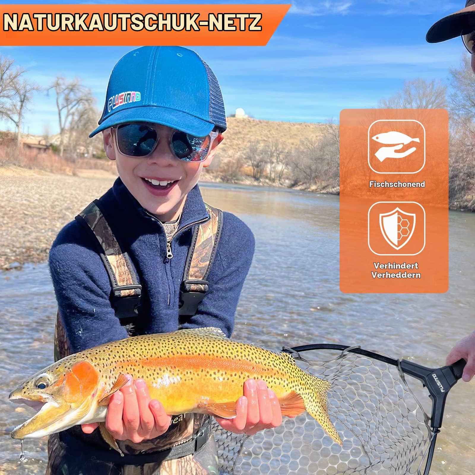 PLUSINNO Fliegenfischernetz, Barsch Forelle Kescher, Faltbare Fischernetze Süßwasser, Sicheres Fangen oder Freilassen von Fischen