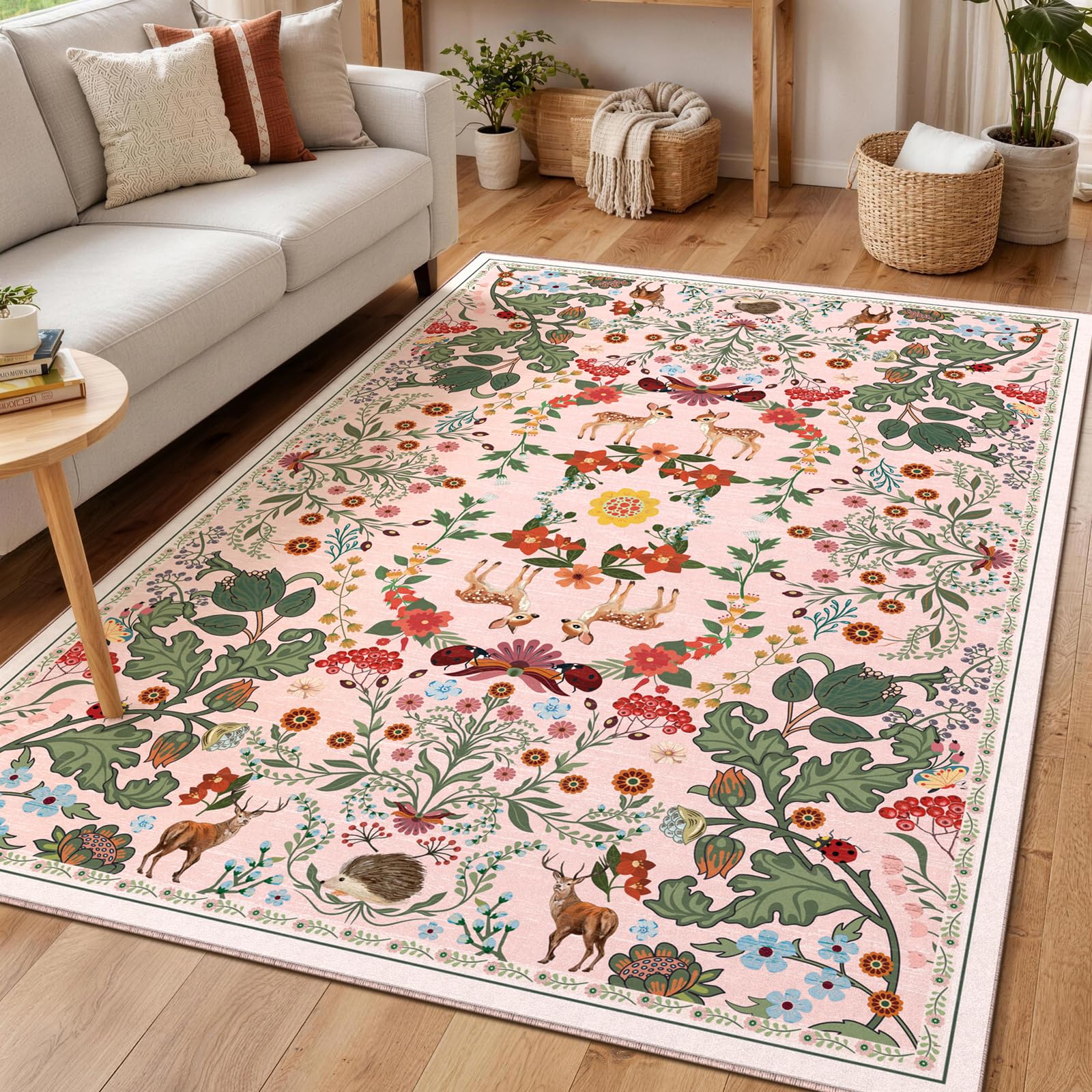 FVVRAX 120×170 cm Rugs Living Room Bedroom, Pink Short Pile Boho Animals Floral Rugs for Girls Room, Non-Slip TPR Backing Indoor Floor Carpet for Dining Room Home Decor — image 1