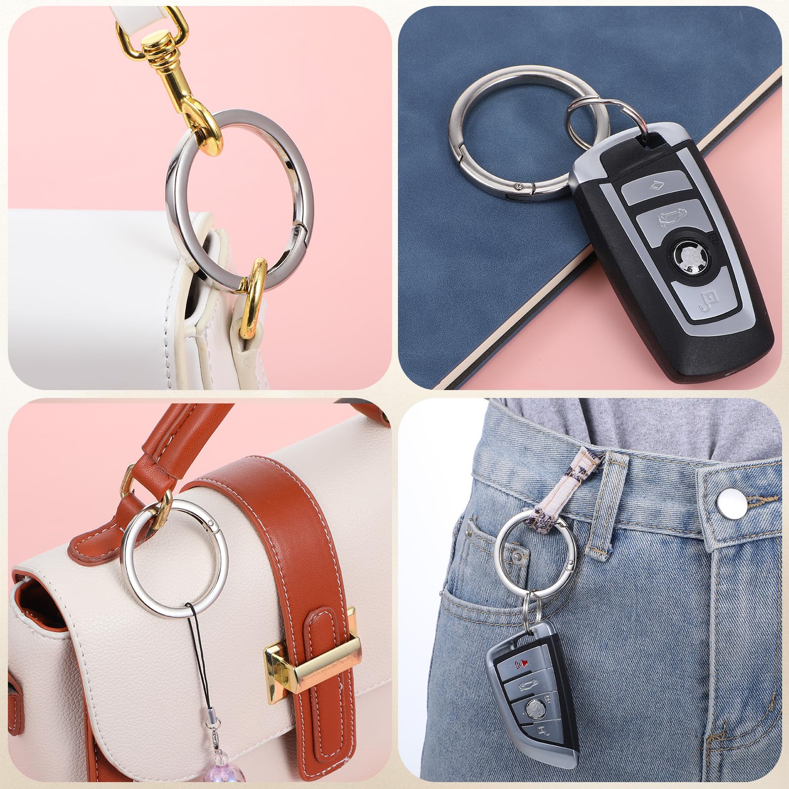 4 llaveros de metal de 5 cm, anillos grandes de plata con mosquetón, clip de mosquetón plano para correa de bolso, bolso, accesorios