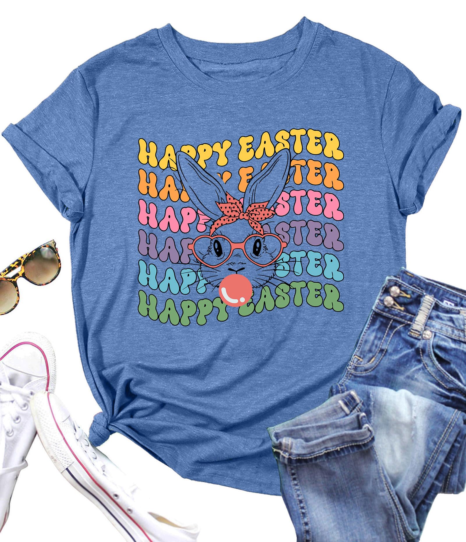 Women Happy Easter T Shirt Bunny Rabbit Graphic T-Shirt Funny Letter Printed Shirts Short Sleeve Tops