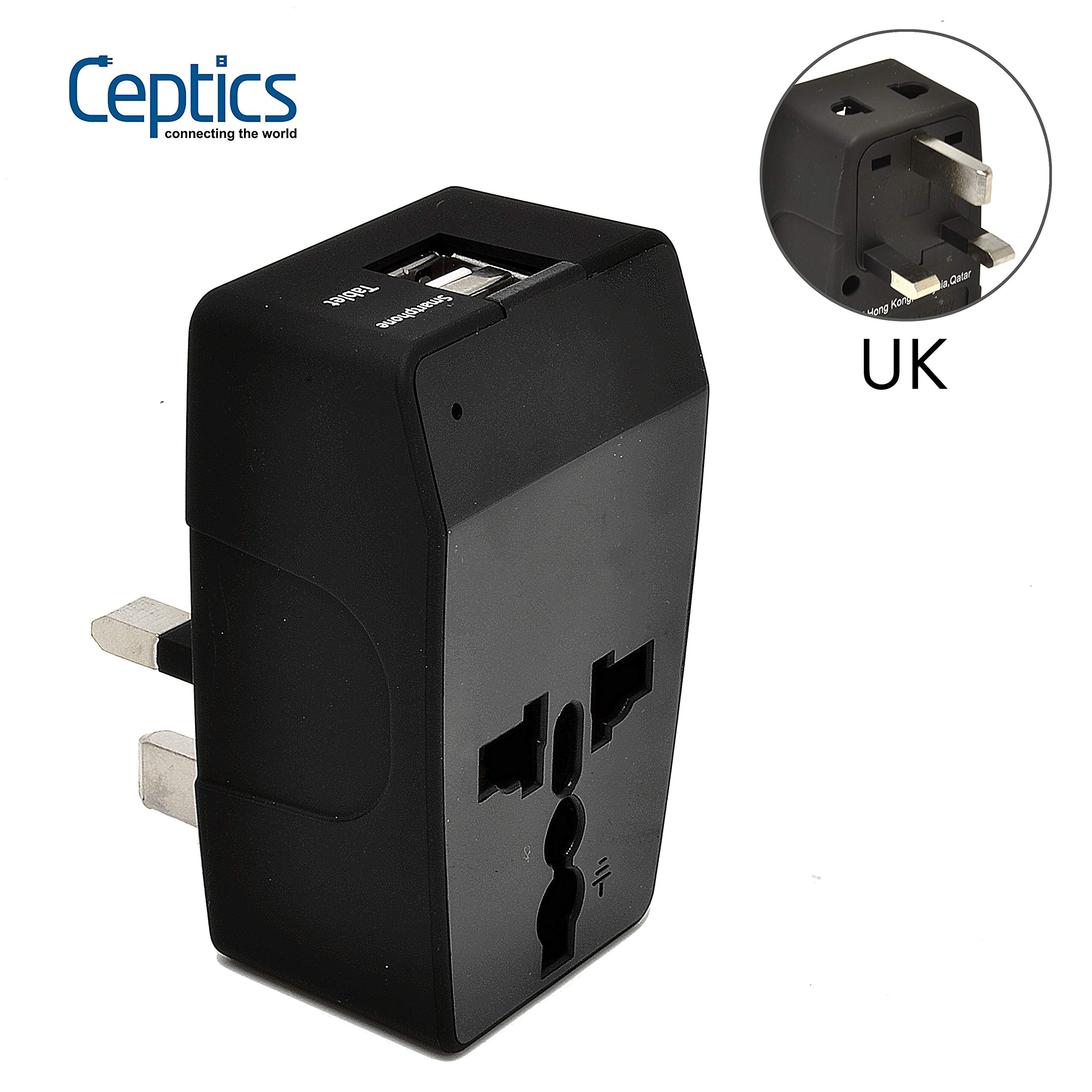 CepticsWorld(USA, China, India & More)to UAE Travel Plug Adapter(Type G)-4 in 1-2 USB Ports-Perfect for using International Electronics in UAE-Charge your Cell Phones, Laptops,Tablets-Grounded(GP4-7)