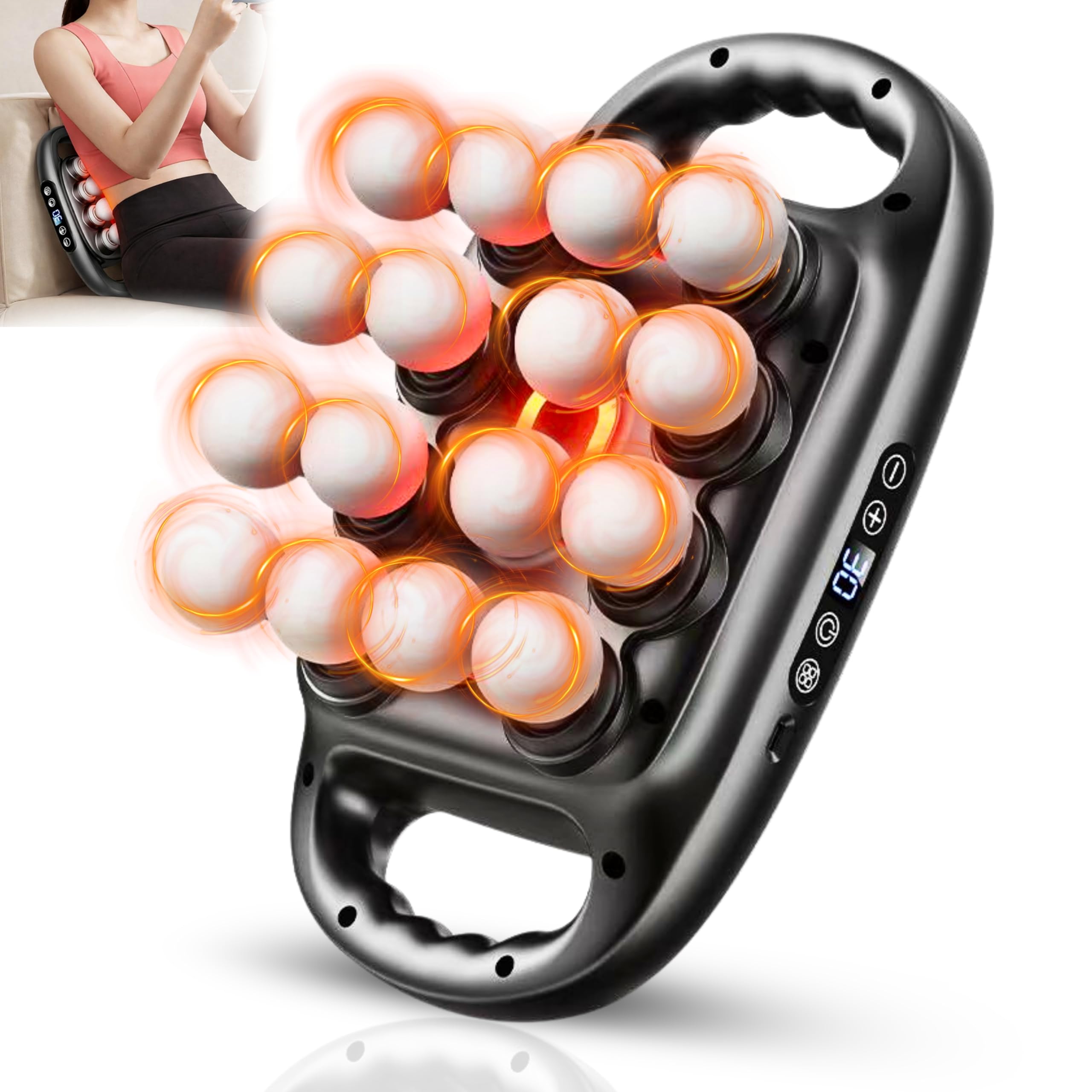 BeFit24 Pistolet de Massage Professionnel avec Chaleur & 16 Têtes, Massage Musculaire Profond Anti-Douleur, Récupération Musculaire Dos Cou Épaules Jambes, Sans Fil USB-C
