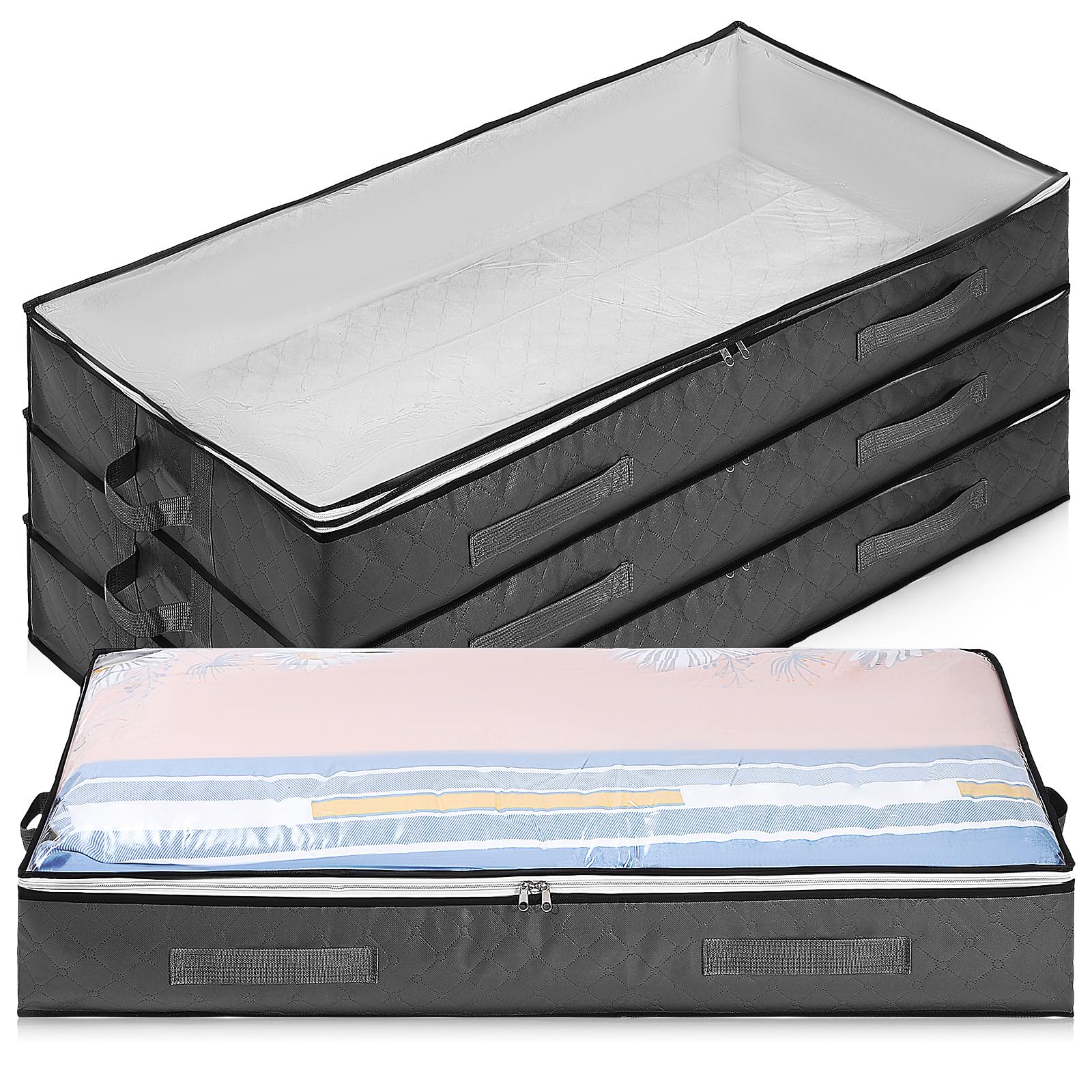 Homoyoyo Bolsas de Almacenamiento Debajo Cama 4 Unidades H Tamaño Grande Tela Resistente Color Gris Oscuro Ventana Transparente Asas Reforzadas para Ropa de Cama y Edredones Organizador
