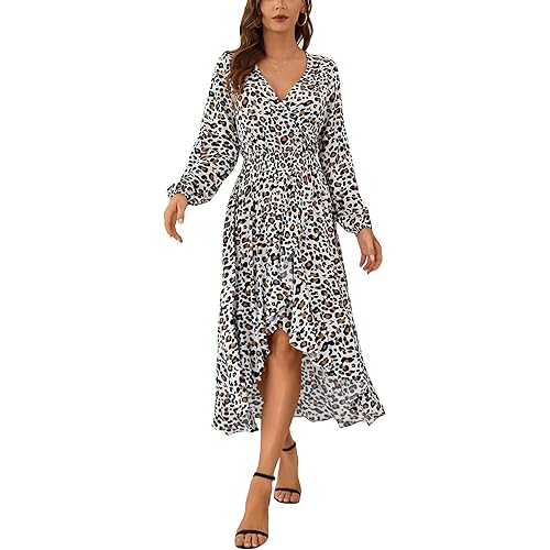 Kormei Women V Neck Floral High Low Flowy Boho Long Sleeve Party Long Maxi Dress