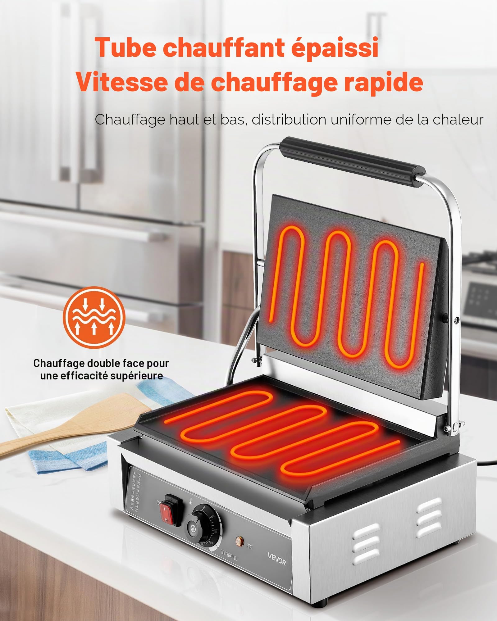VEVOR Gril Panini Électrique 2200 W, Machine à Panini avec Plaque Émaillée Plate de 34,2x23,5 cm, Appareil à Sandwich en Inox, avec Poignée et Contrôle de la Température, pour Hamburger, Steak