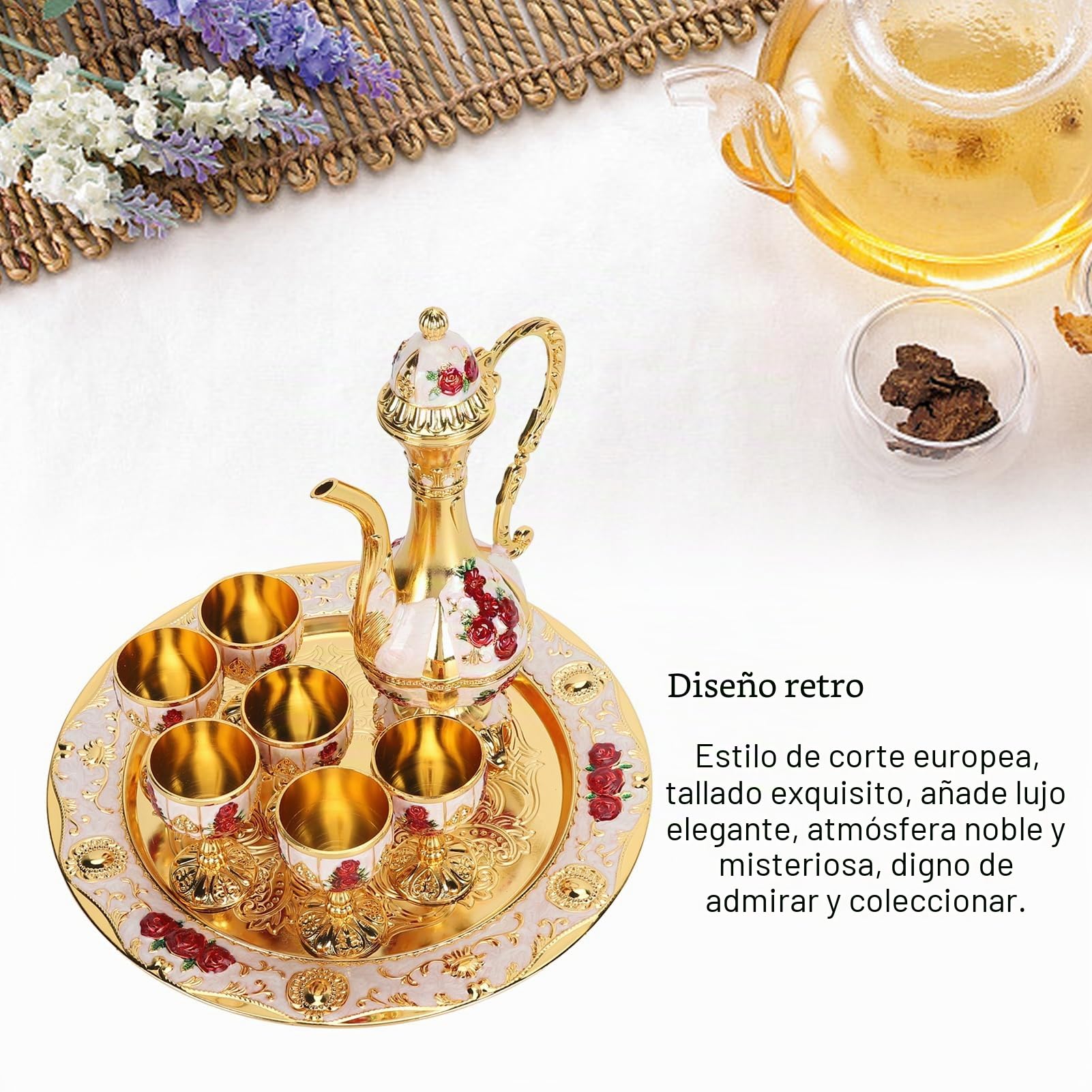 Juego de Café Turco,Juego de Cafetera Turca Vintage de Aleación con Bandeja y 6 Tazas, Decantador de Vino y Vasos, Elegante Set Artesanal para Fiestas, Reuniones, Cenas de Bodas (Gold White Red)