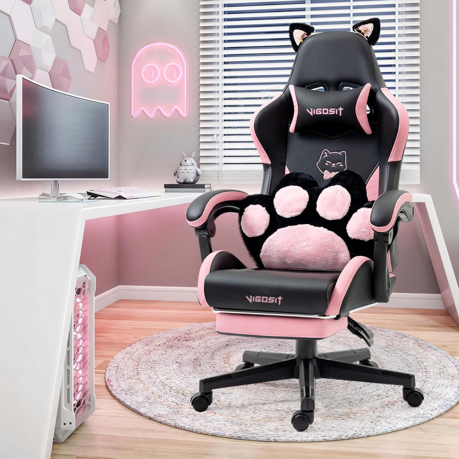 Cat Ears Gaming Chair with 310lbs Capacity - PU Leather Ergonomic Reclining Office Chair, Adjustable Lumbar Support, 360° Swivel for Gamers Adults Kids, Black with Pink Accents