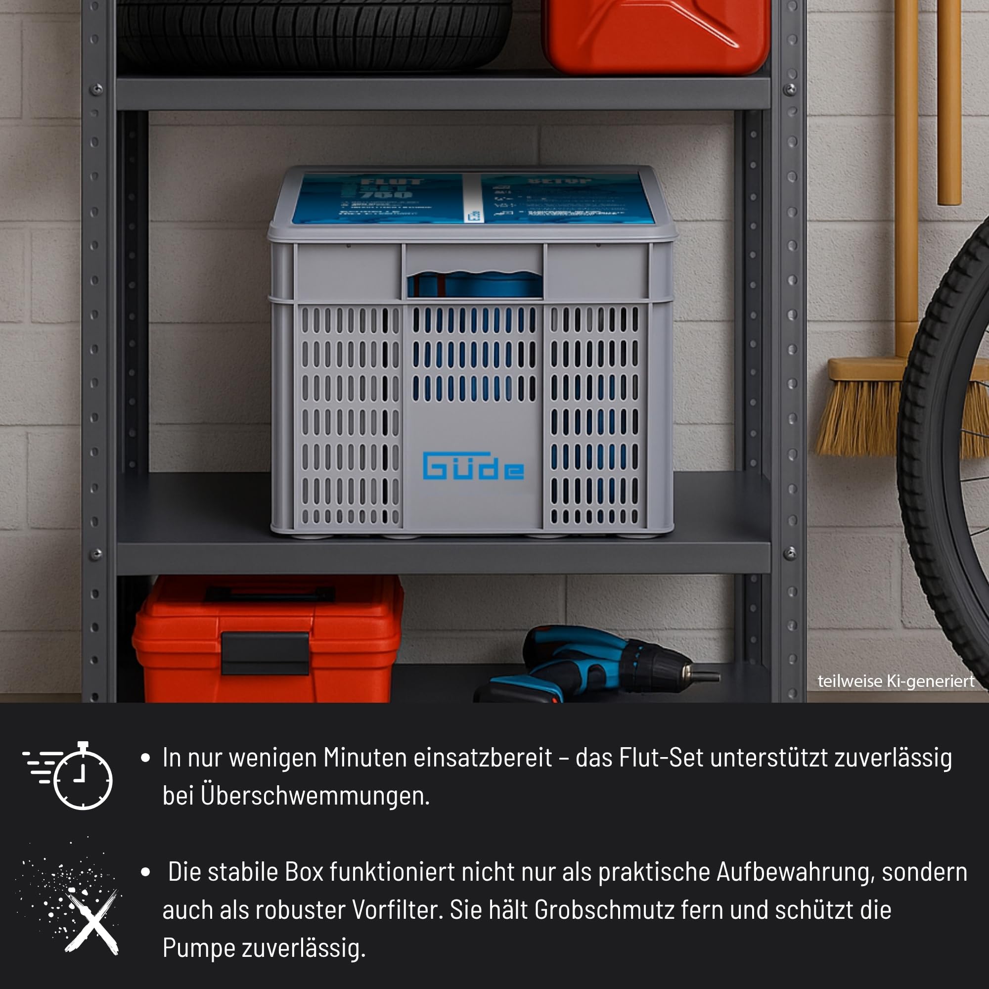 Güde Hochwasser Flut-Set 750-230 Volt, 750 Watt, 12000 Liter pro Stunde maximale Fördermenge, 8 Meter maximale Förderhöhe, 7 Meter maximale Eintauchtiefe, inkl. 10 Meter Druckschlauch, Transportbox