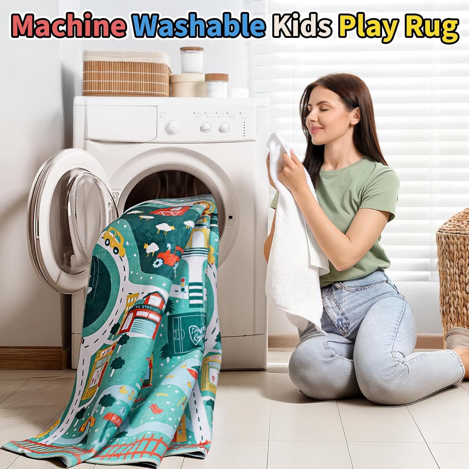 UKISS Educational Play Rug，55"x55" Traffic Road Kids Car Mat,Non-Slip Washable City Kids Play Mat,Area Rug Kid Carpet for Playroom Living Room Nursery Room Decor,Green