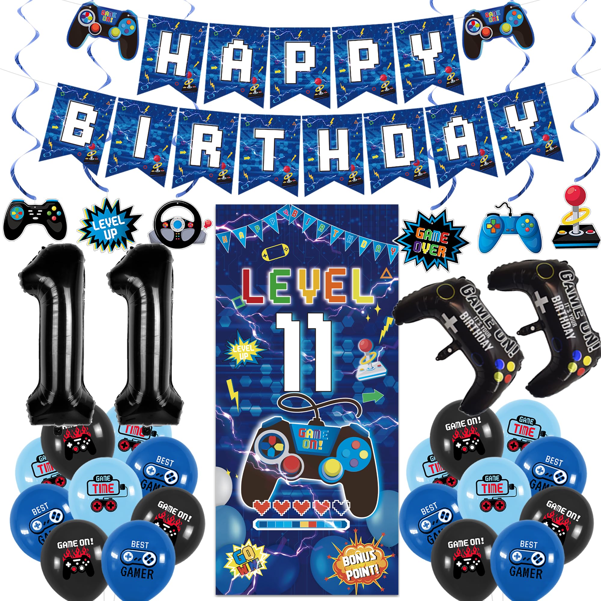Vlipoeasn Blue 11th Birthday Decorations for Boys, Video Game Level 11 Banner Backdrop Hanging Swirls for 11th Birthday Party, Gamer 11 Years Old