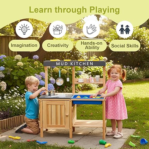 Miniatura 6 de HONEY JOY Cocina de barro, cocina de madera de cedro para niños pequeños, fregadero extraíble, accesorios de cocina, caja de maceta, armario de